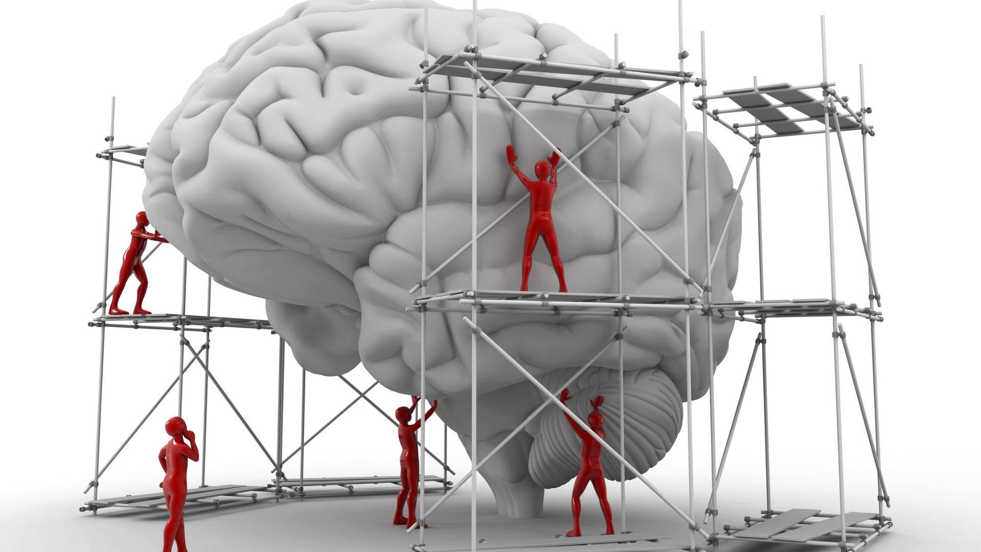 Psychology Mind Builder 3D Cartoon, red humanoid figures, giant gray brain, Full HD Desktop Wallpaper