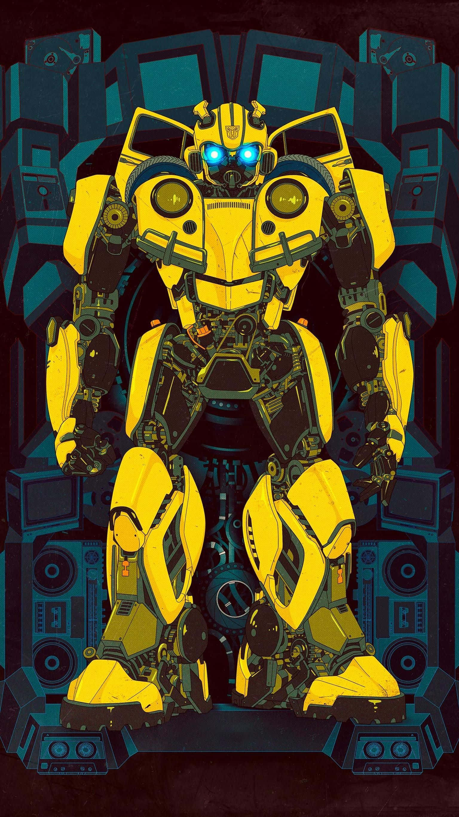 yellow robot, glowing blue eyes, dark blue mechanical backdrop, 2K Phone Wallpaper