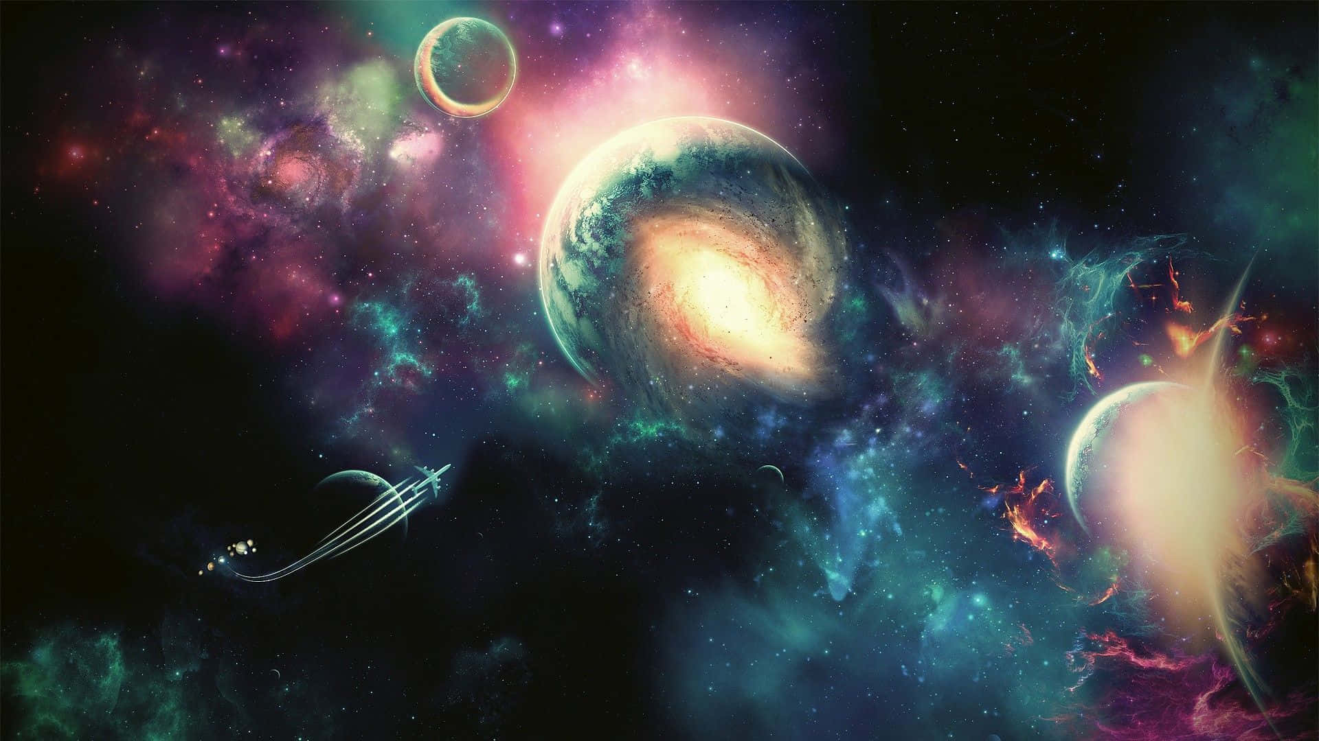 Cartoon Space, glowing nebulae, planets, Full HD Desktop Wallpaper