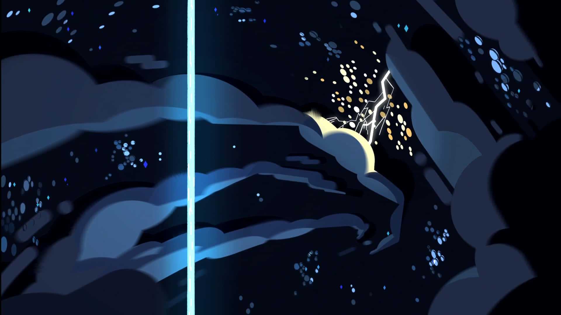 Cartoon Space, glowing blue clouds, bright lightning bolt, Full HD Desktop Wallpaper