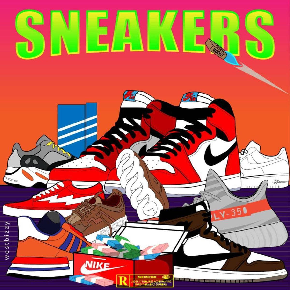 Cartoon Sneaker, vibrant cartoon illustration, assorted sneakers, SD Desktop Wallpaper
