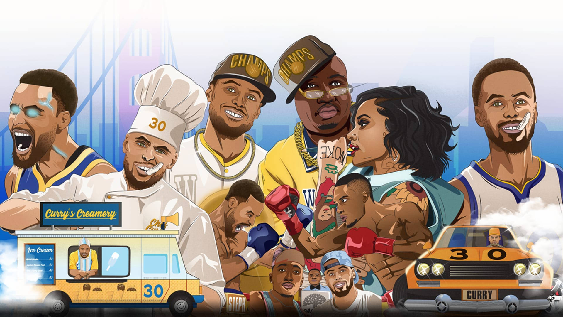 Stephen Curry, cartoon character, branded ice cream truck, Full HD Desktop Wallpaper