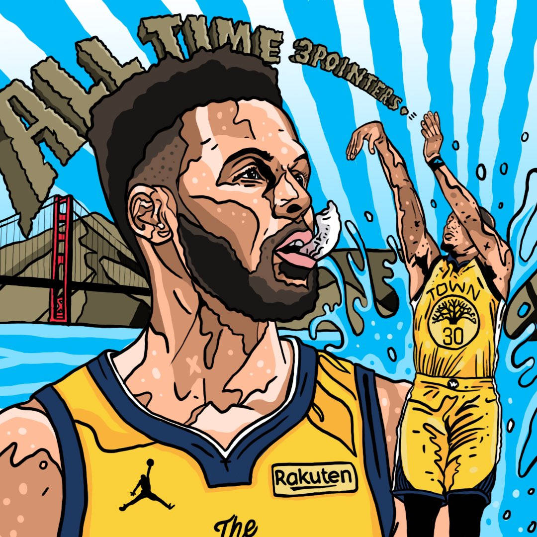 Cartoon Stephen Curry, yellow jersey, golden bridge, SD Desktop Wallpaper