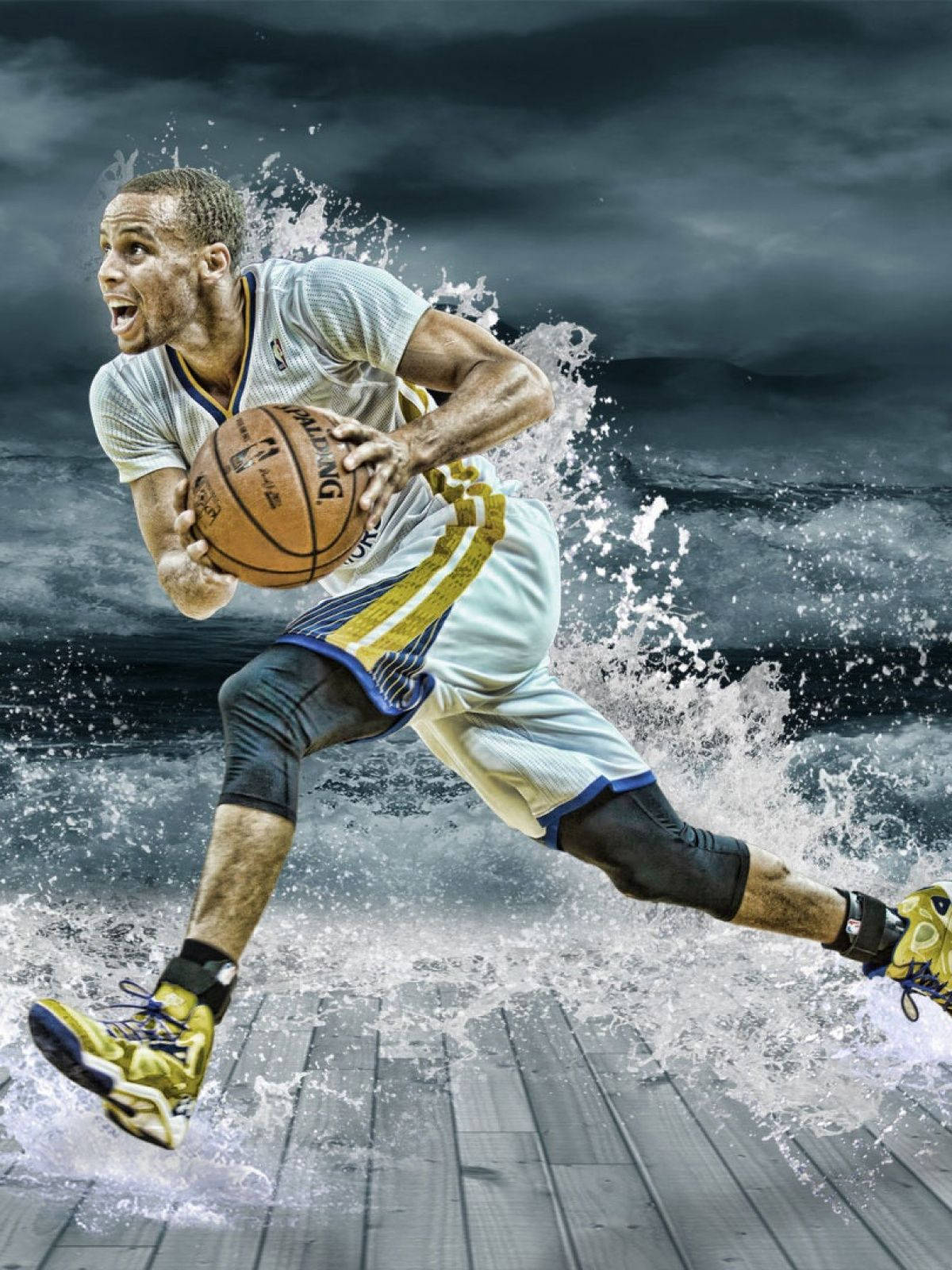 Stephen Curry, splash, wooden court, HD Phone Wallpaper