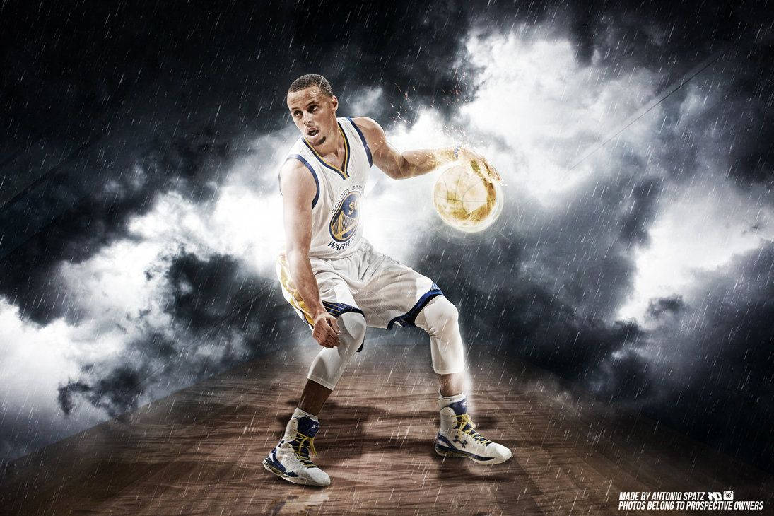 Stephen Curry, white uniform, glowing ball, SD Desktop Wallpaper