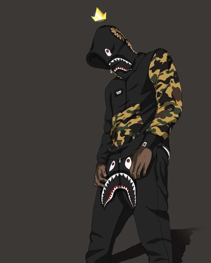 Cartoon Supreme Clothing, shark-mouth hoodie, gold crown, SD Phone Wallpaper