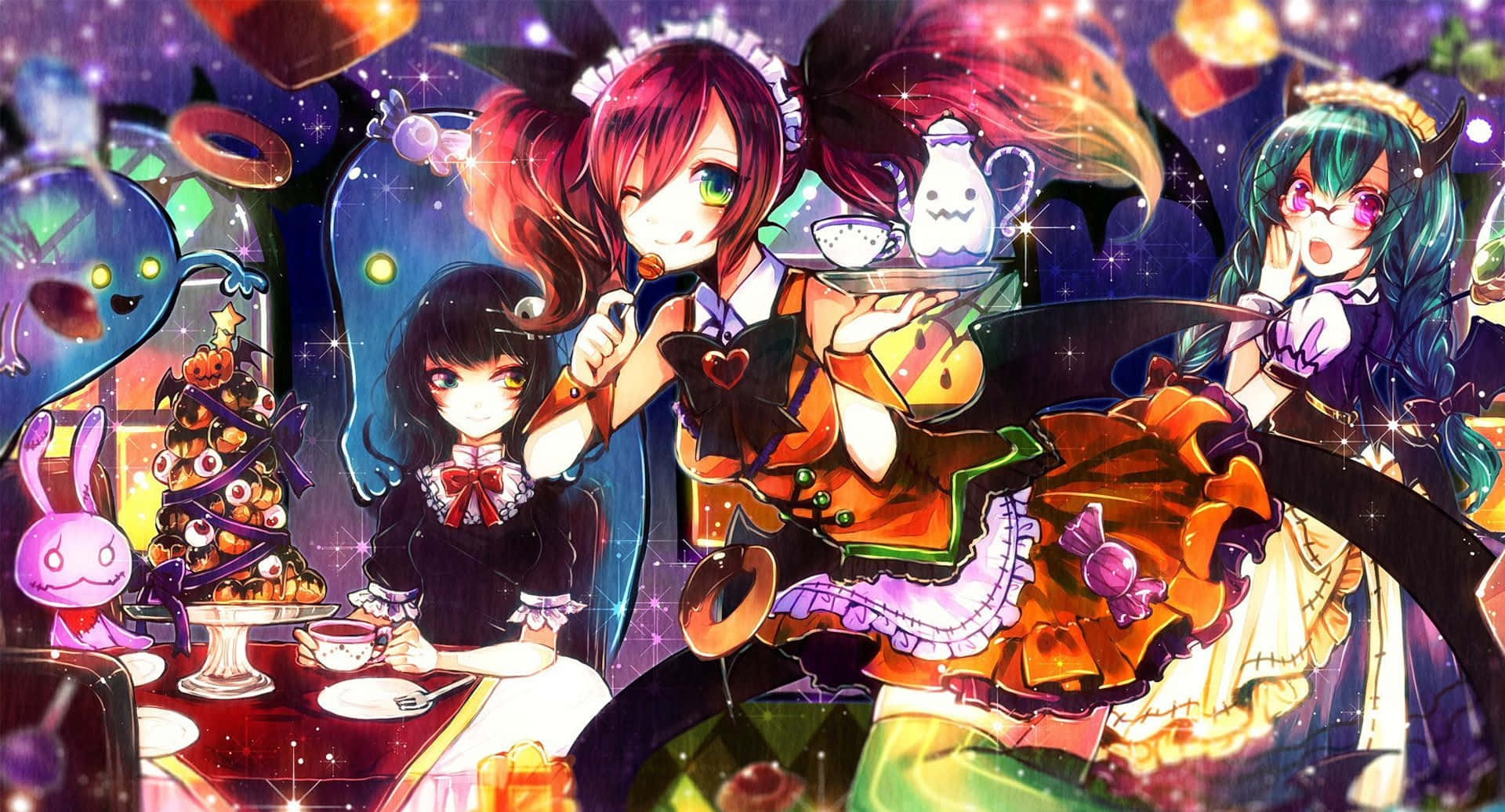 Anime Thanksgiving, maid outfits, floating sweets, Full HD Desktop Wallpaper
