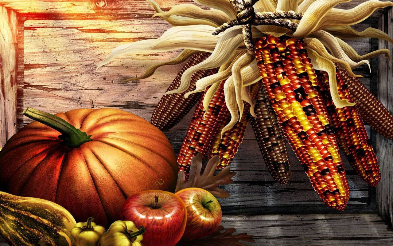 Thanksgiving, roasted corn, pumpkins, HD Desktop Wallpaper