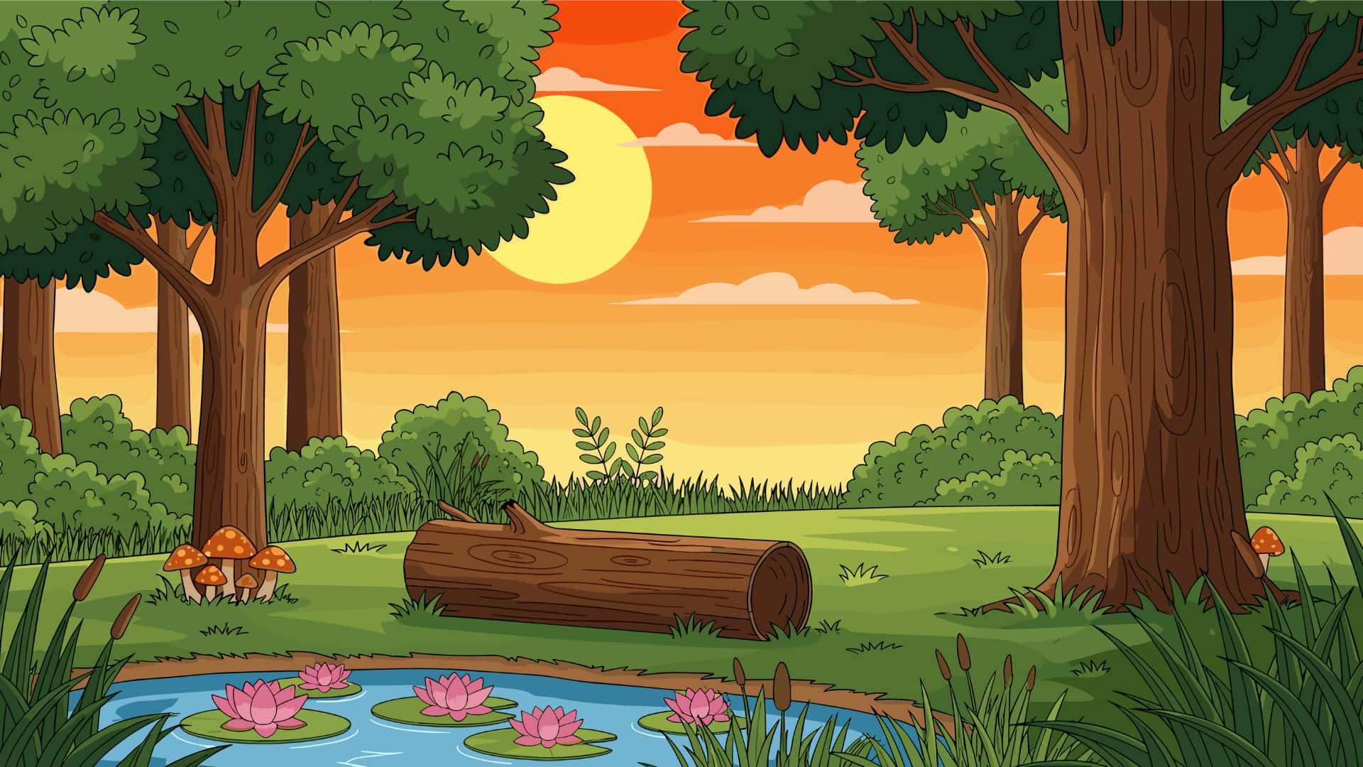 cartoon forest, sunset, pink lotuses, Full HD Desktop Wallpaper