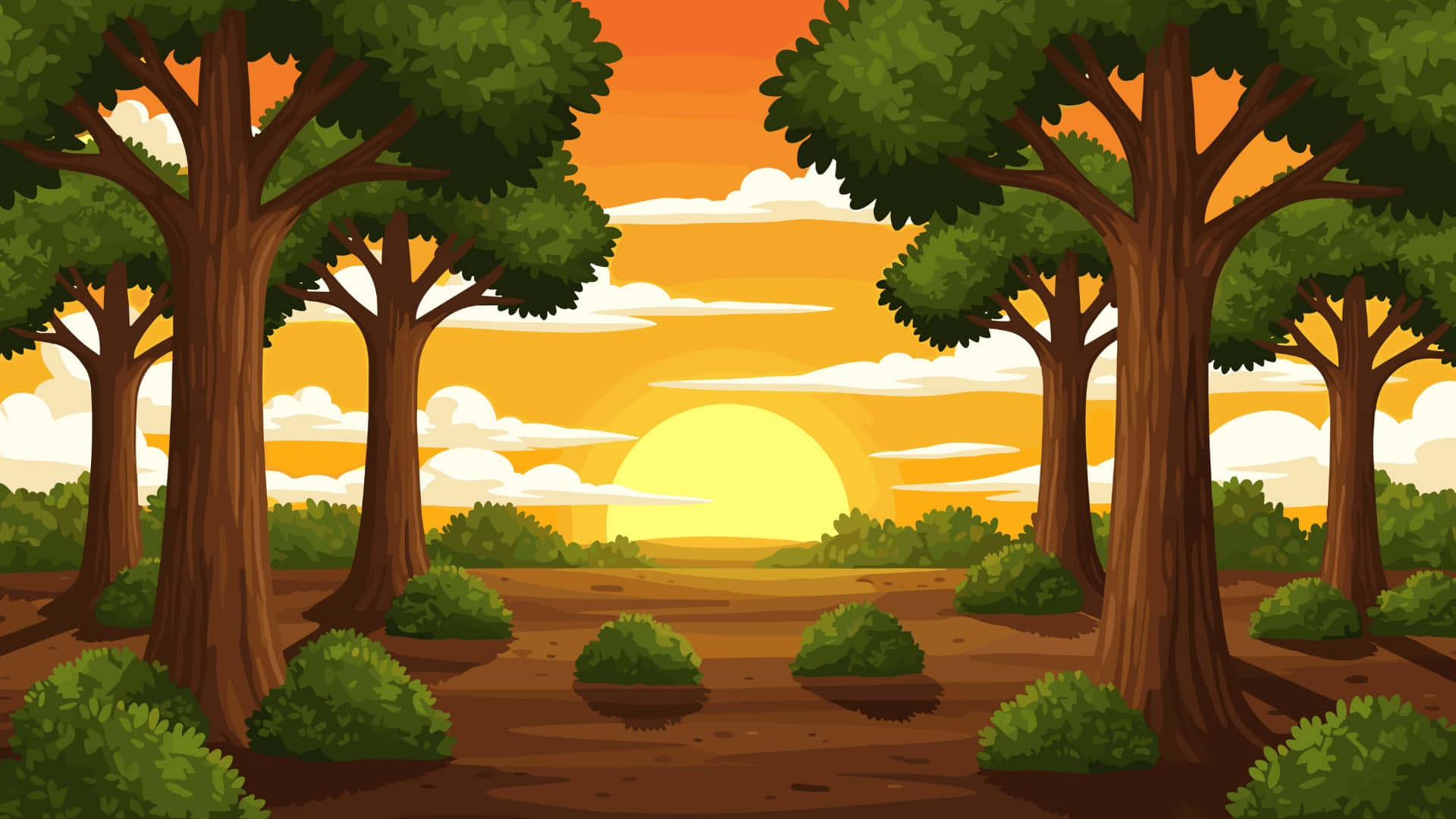 cartoon forest, sunset, glowing sunset, Full HD Desktop Wallpaper