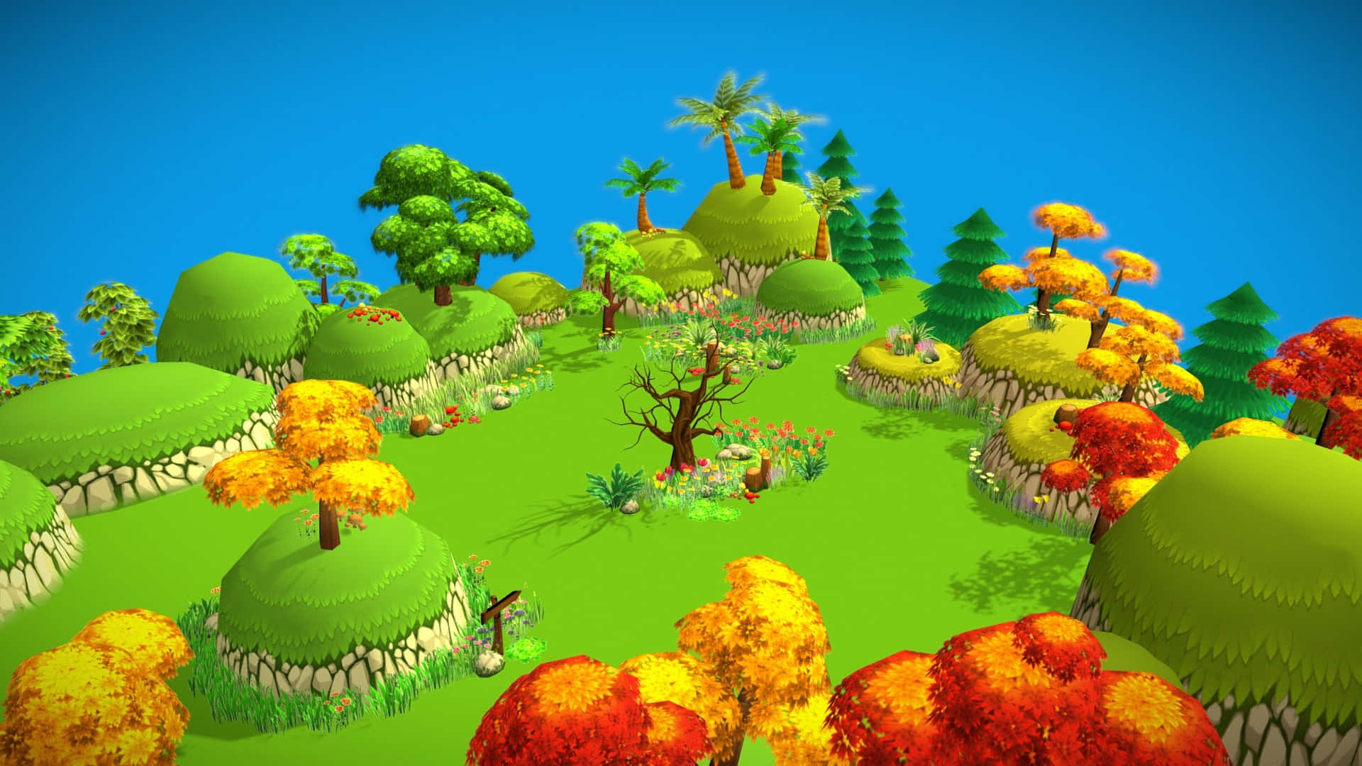 colorful cartoon trees, rolling green hills, colorful autumn trees, Full HD Desktop Wallpaper