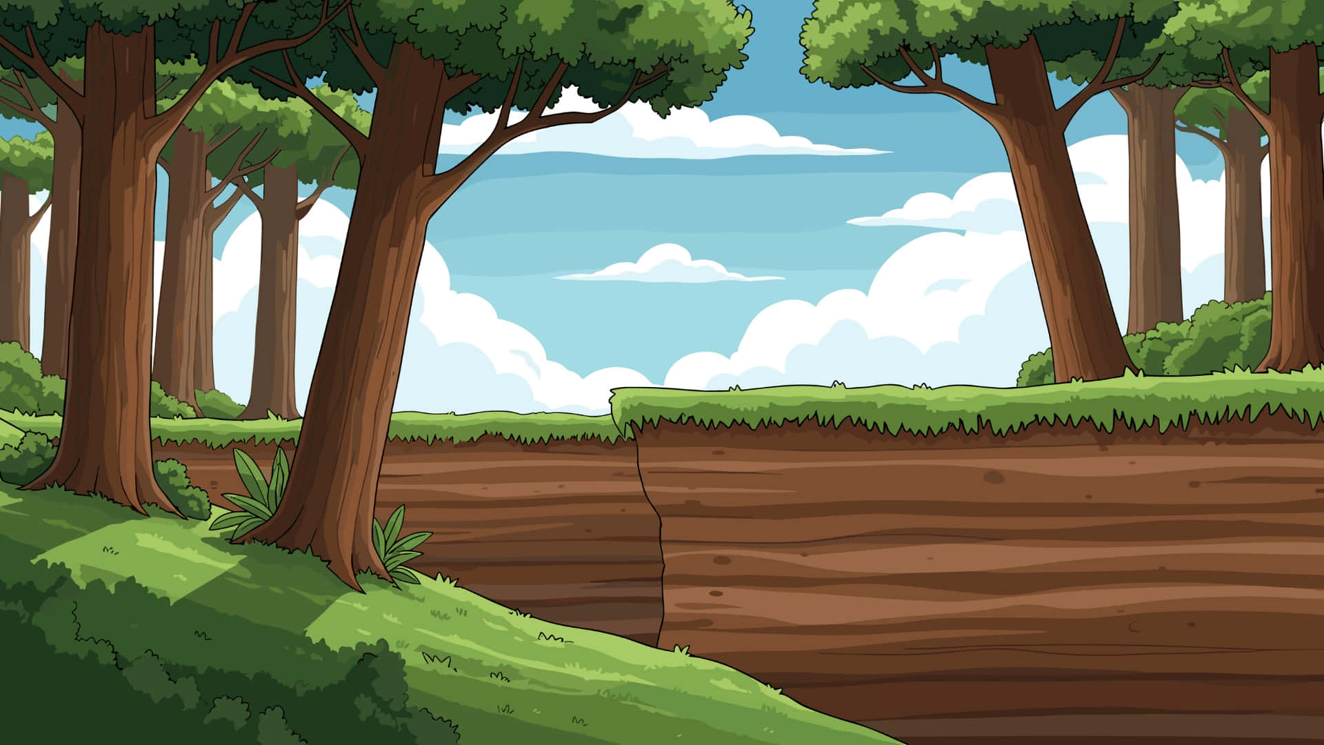 cartoon forest landscape, tall trees, green grass, Full HD Desktop Wallpaper