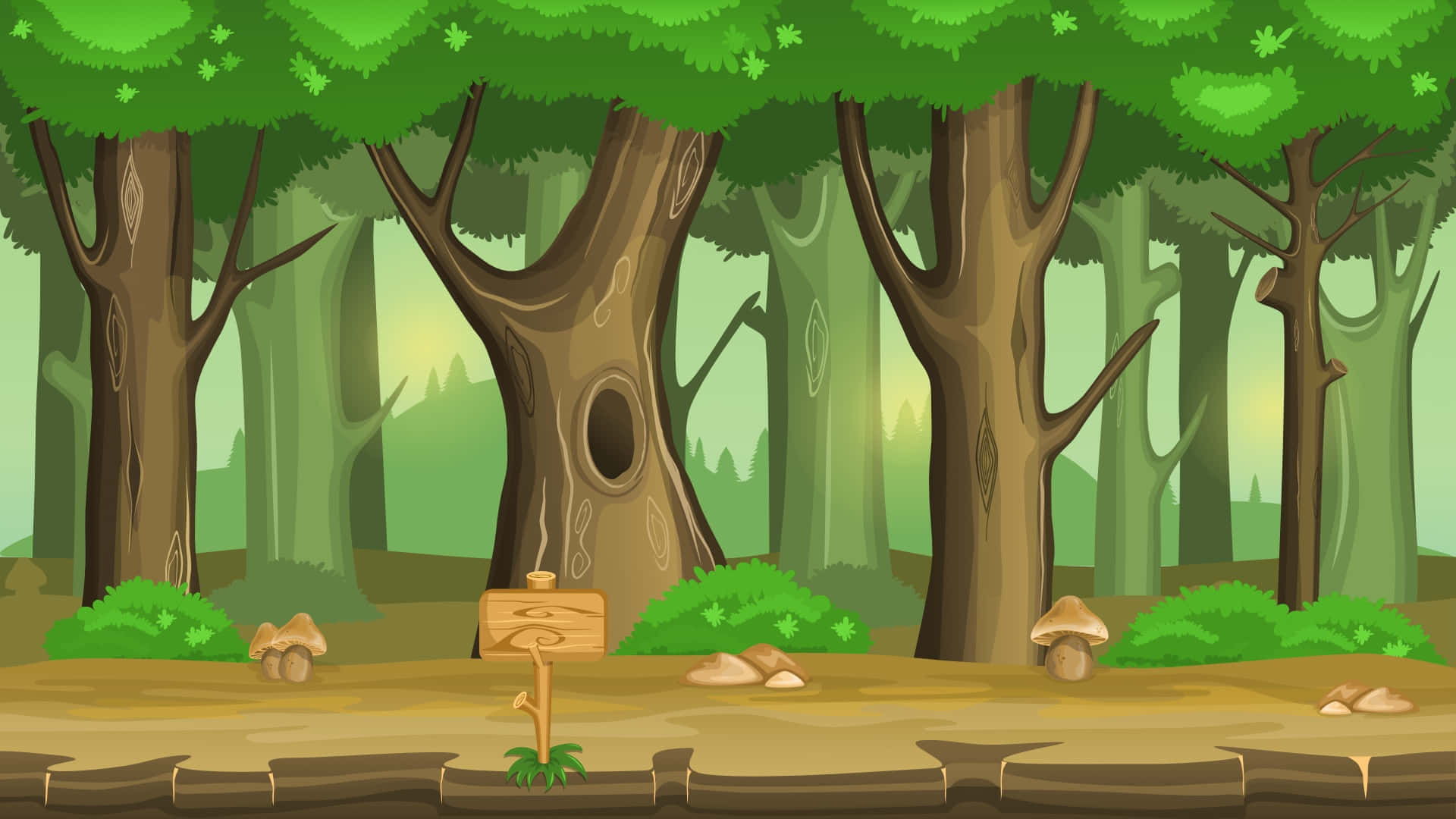 cartoon forest trees, tall green trees, brown trunks, Full HD Desktop Wallpaper