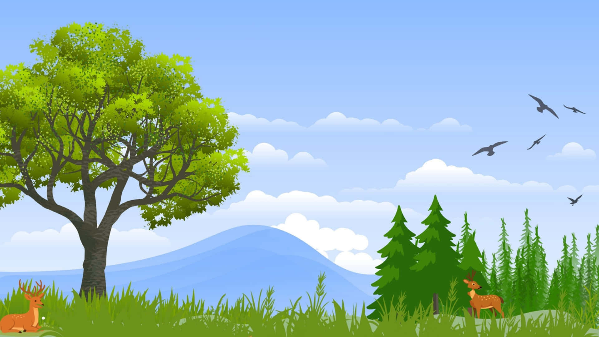 cartoon forest landscape, deer, green tree, Full HD Desktop Wallpaper