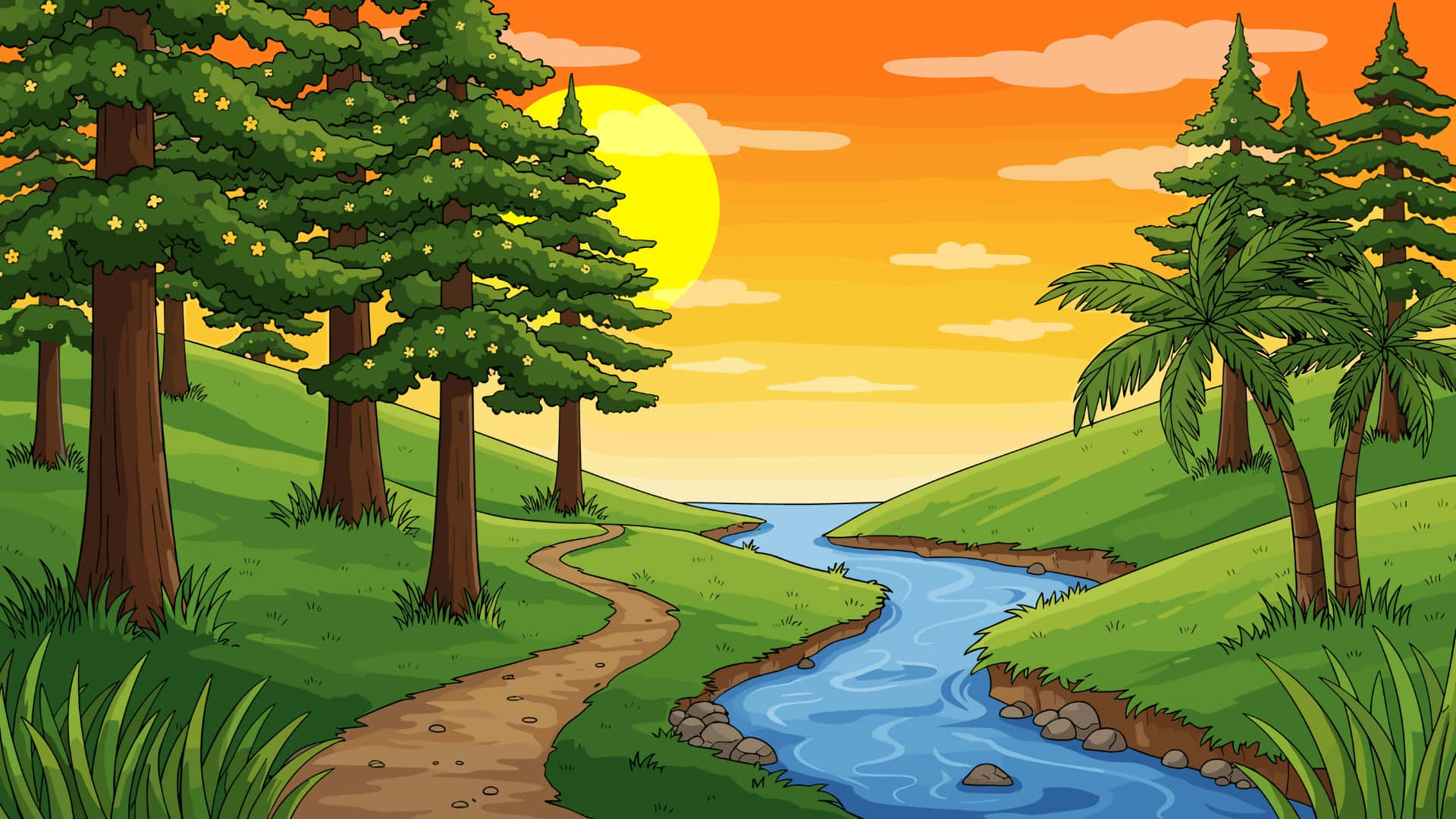 cartoon forest sunset, blue river, lush green hills, Full HD Desktop Wallpaper