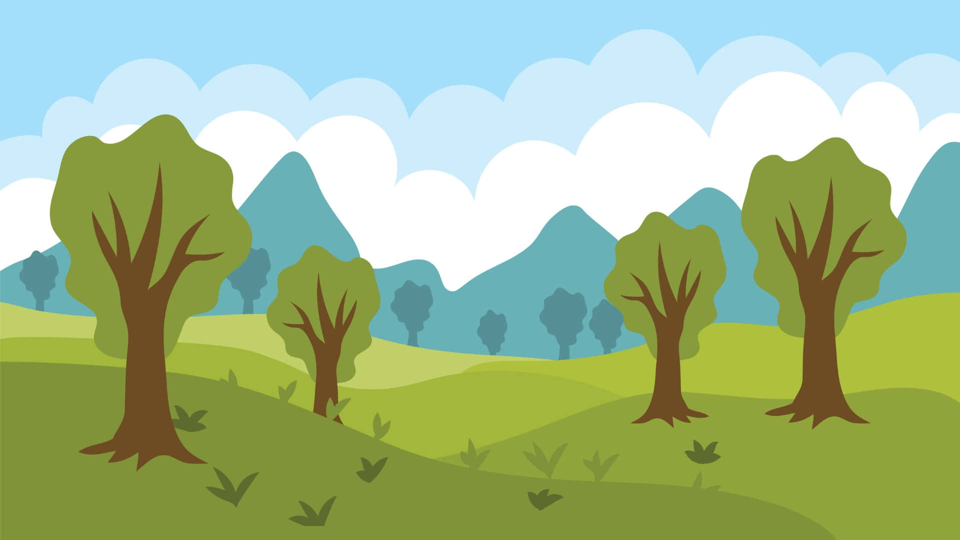 Cartoon Trees, green rolling hills, brown trees, Full HD Desktop Wallpaper