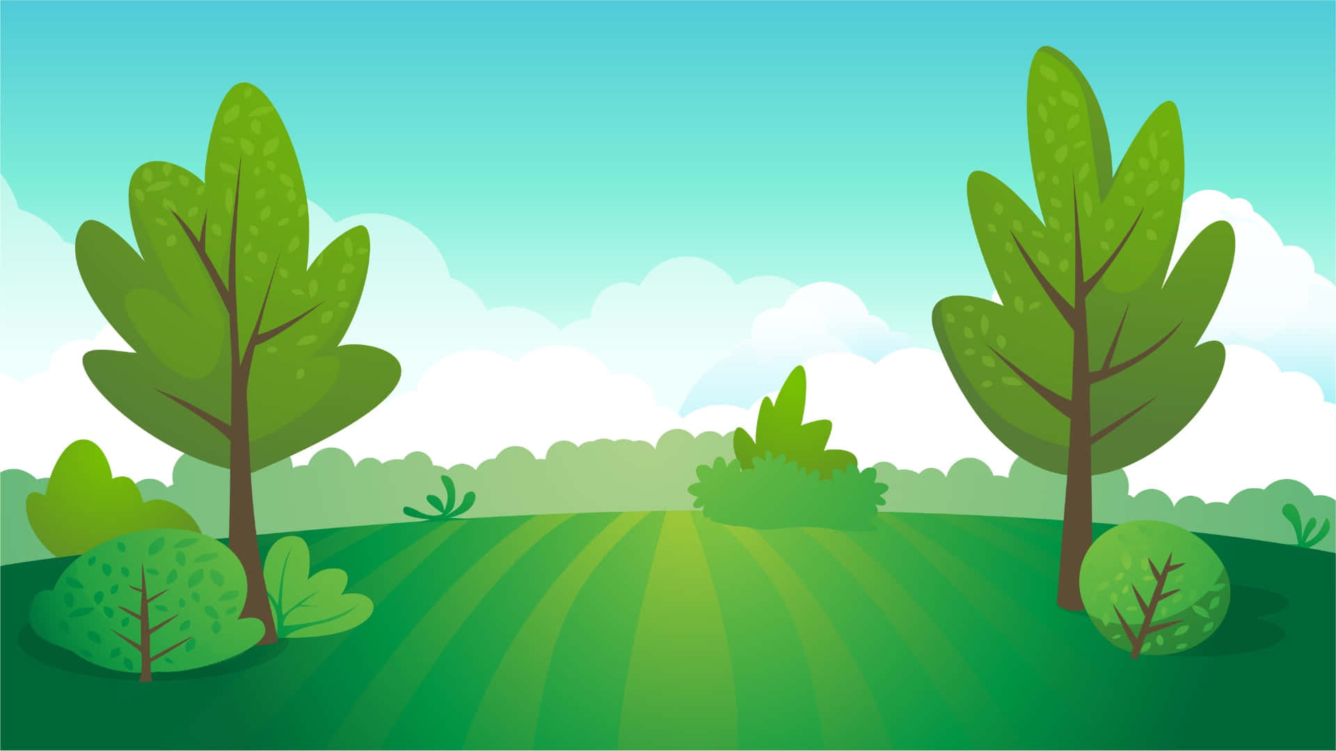 cartoon trees, green landscape, striped green hill, Full HD Desktop Wallpaper