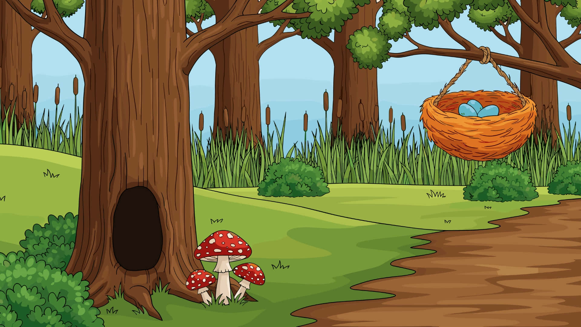 cartoon forest scene, tree hole, red mushrooms, Full HD Desktop Wallpaper