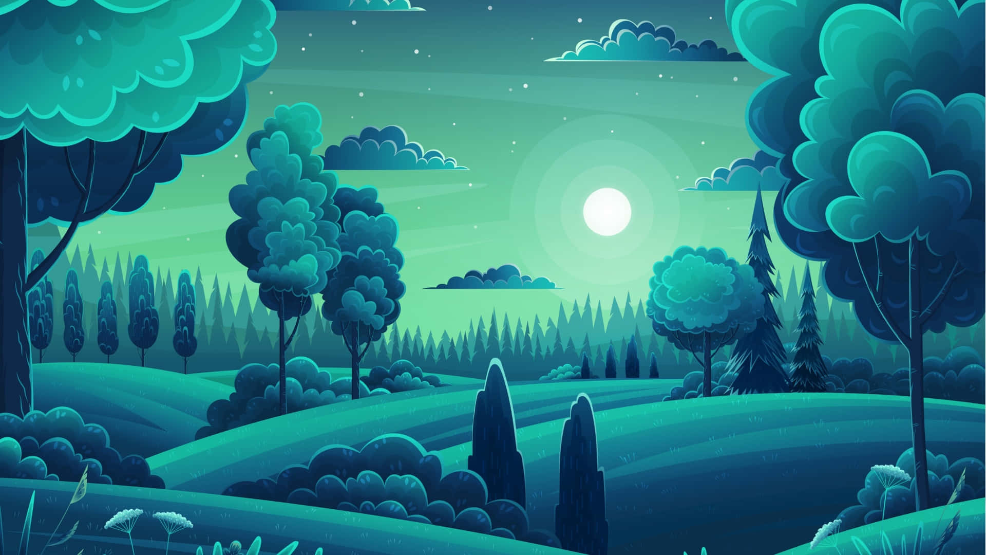 Cartoon Trees, Night Scene, moonlit forest, Full HD Desktop Wallpaper
