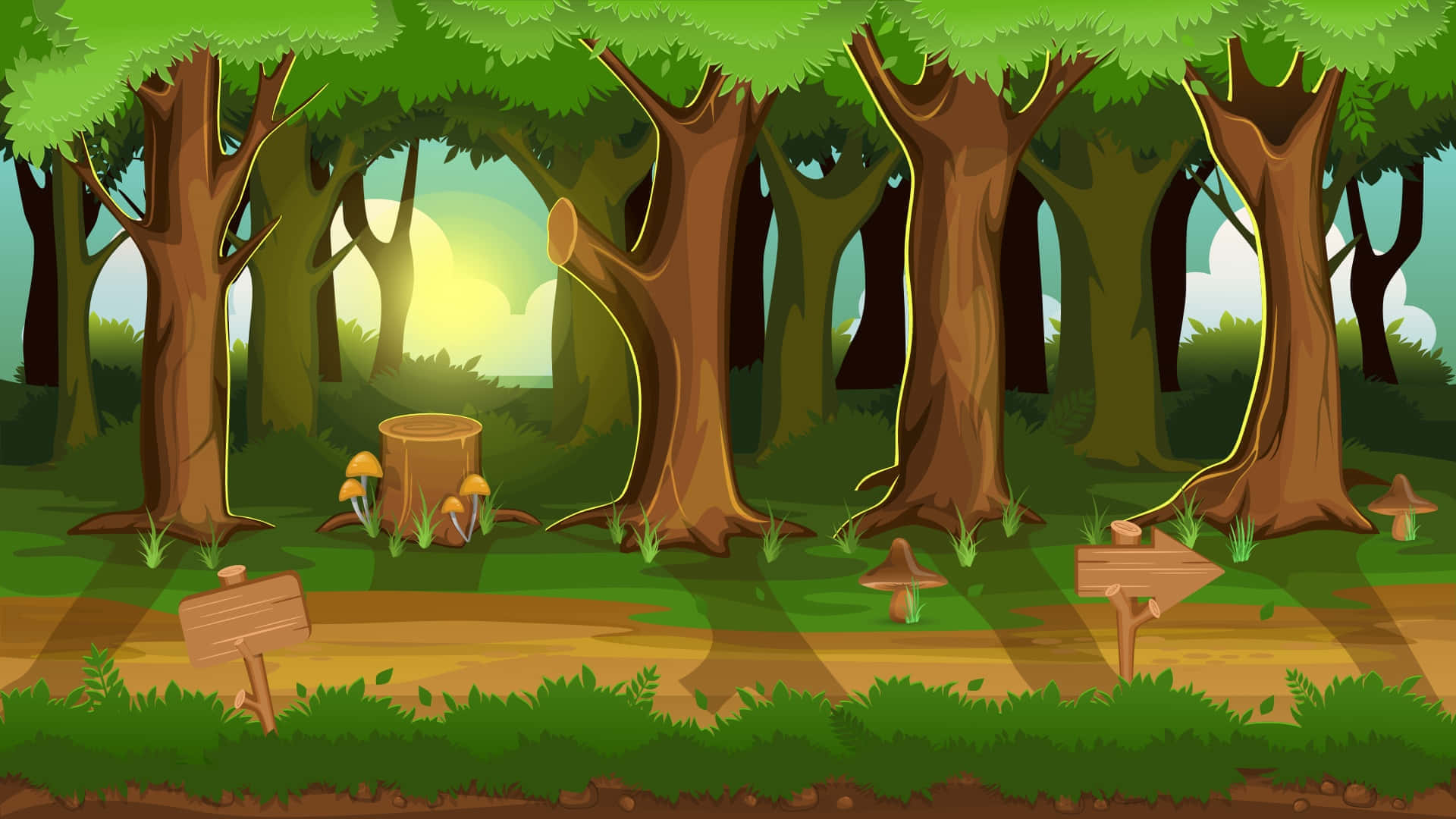 cartoon forest, tall trees, glowing outlines, Full HD Desktop Wallpaper