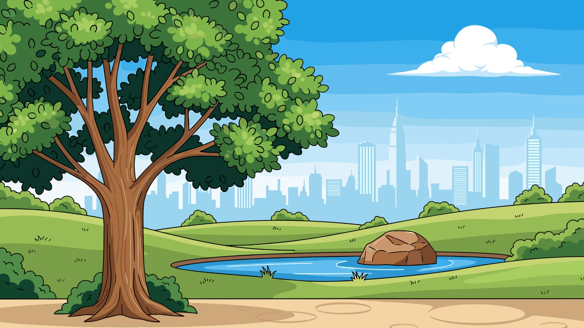 Cartoon Tree, city park, pond, Full HD Desktop Wallpaper