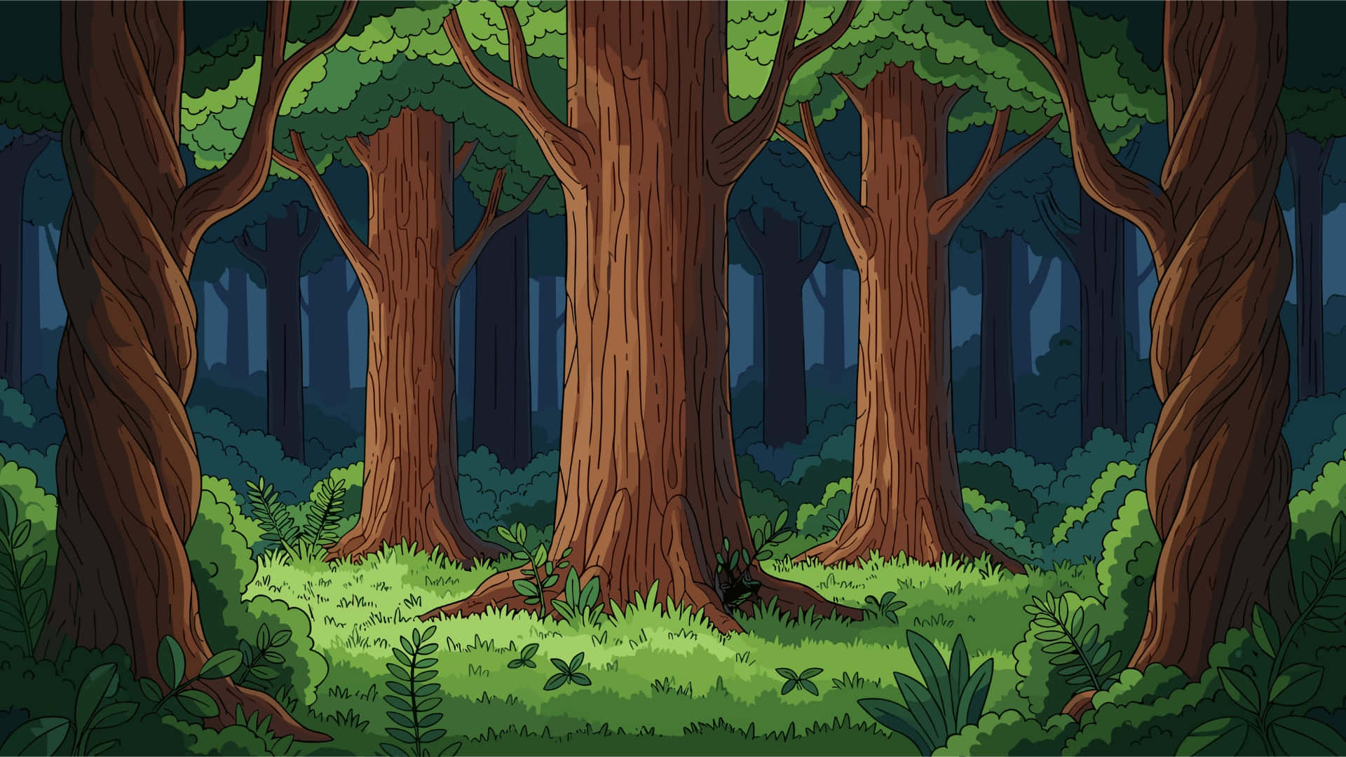 cartoon forest trees, brown trees, twisting trunks, Full HD Desktop Wallpaper