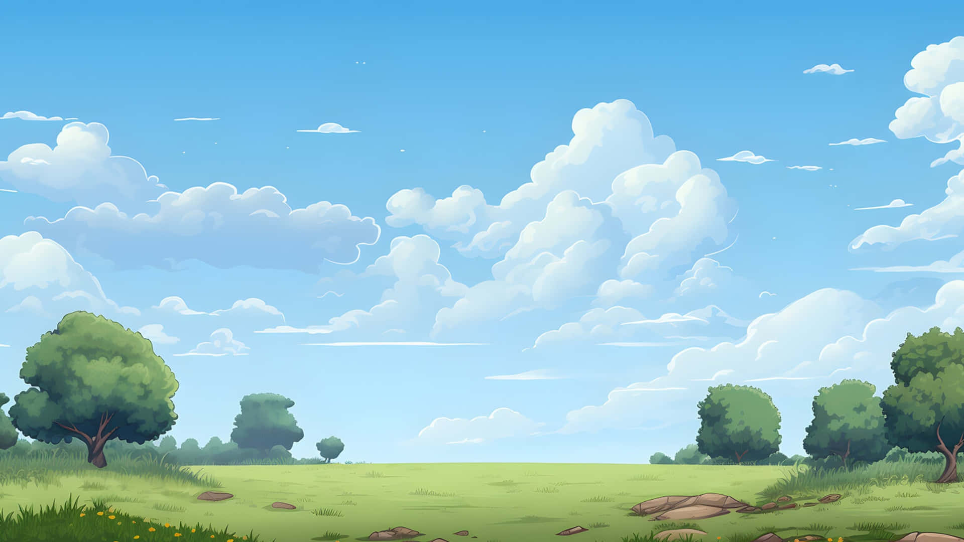 Cartoon Trees, fluffy white clouds, green field, Full HD Desktop Wallpaper