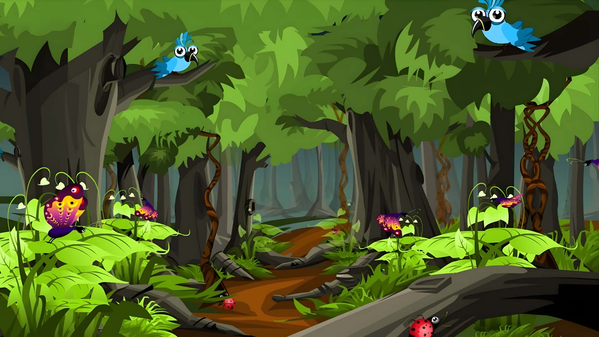 cartoon forest, blue birds, colorful flowers, Full HD Desktop Wallpaper