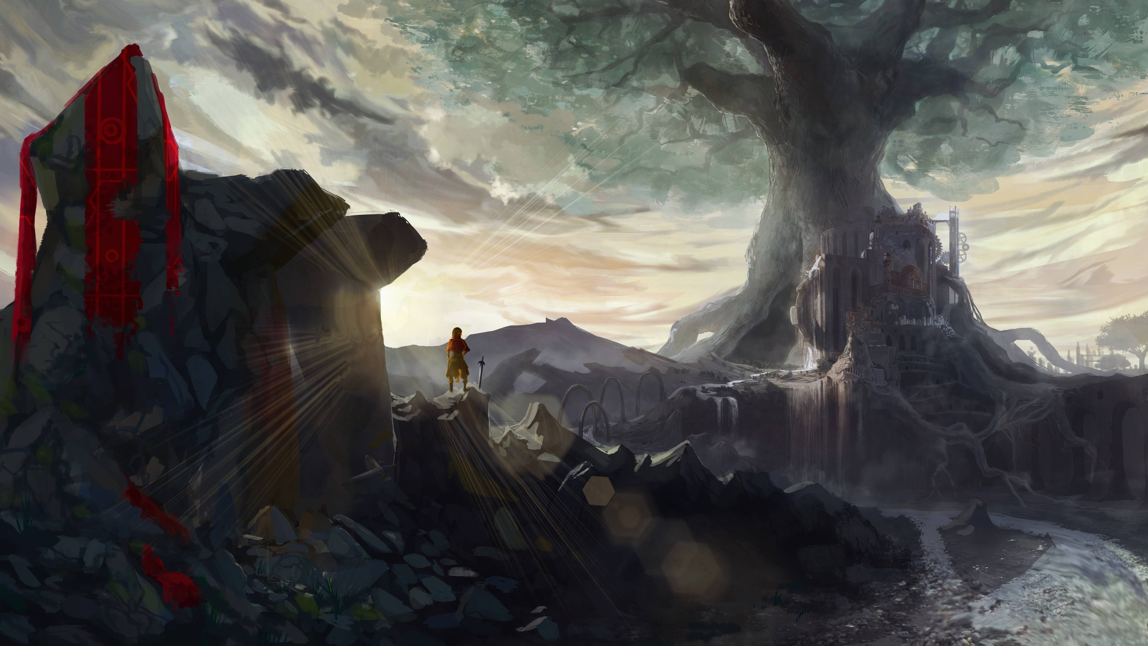 giant tree, ancient tree, ruined castle, 4K Desktop Wallpaper