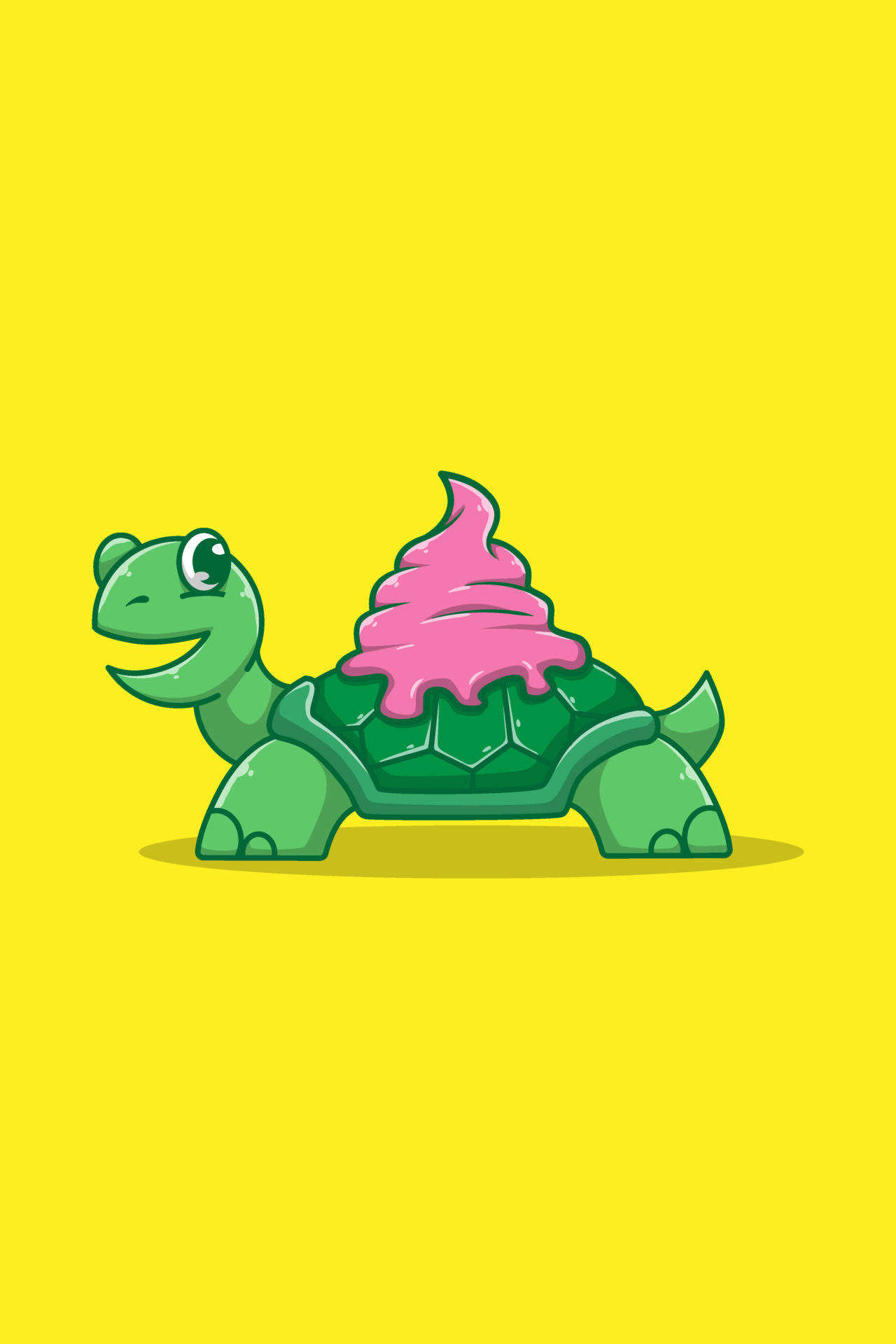 pink ice cream swirl, green cartoon turtle, bright yellow background, Full HD Phone Wallpaper