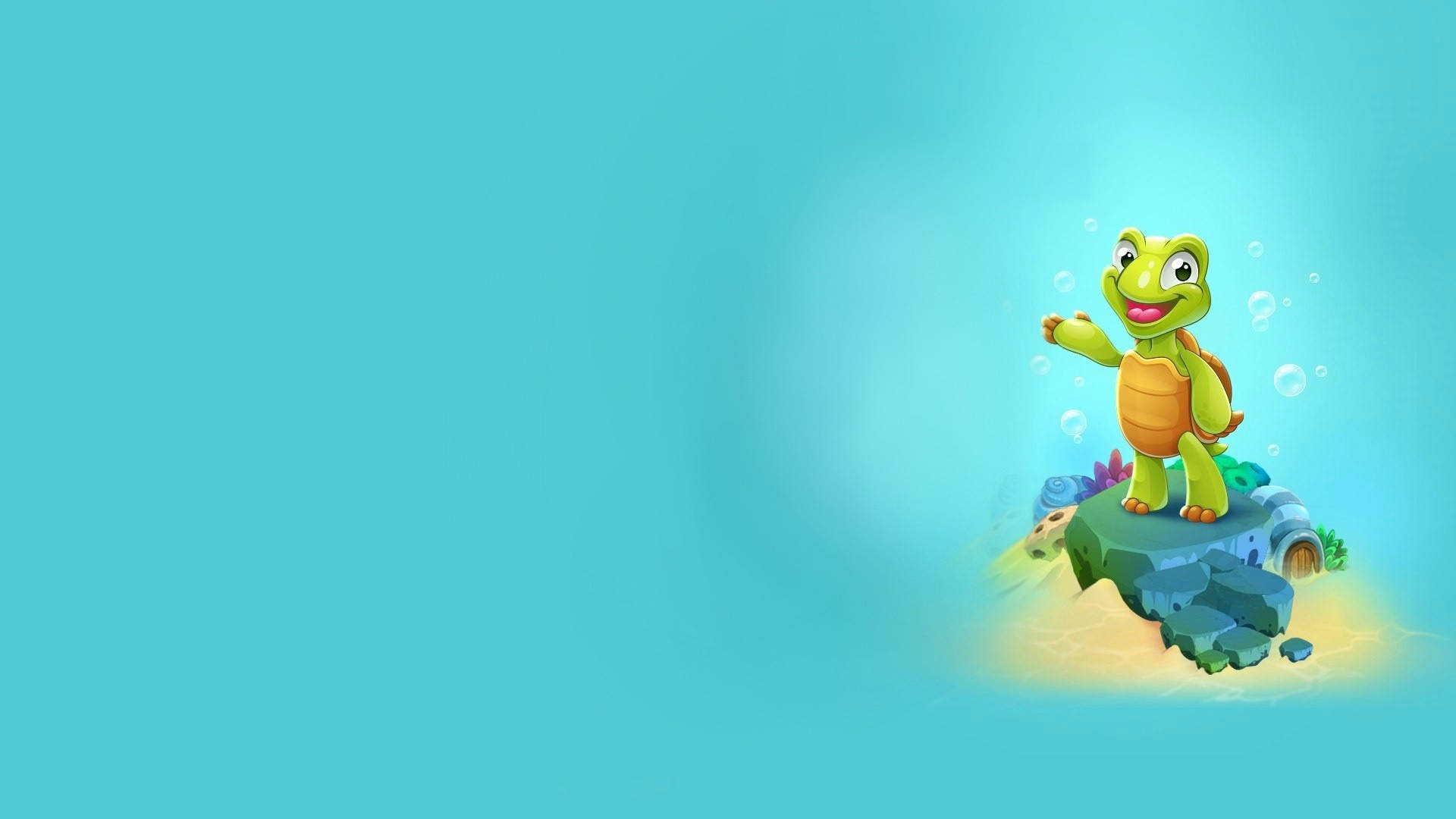cartoon turtle, rocky underwater ledge, bubbles, Full HD Desktop Wallpaper