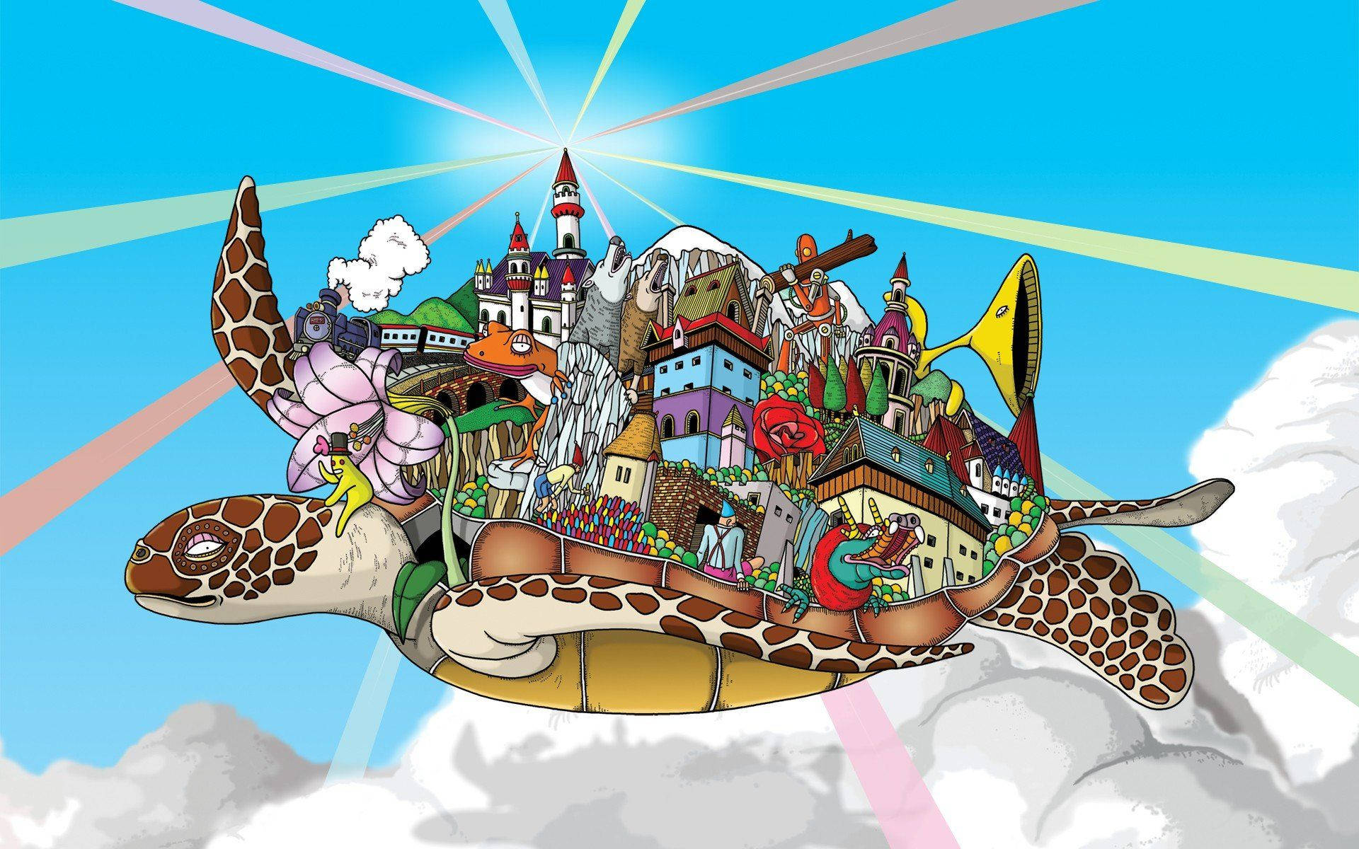 flying cartoon turtle, giant turtle, miniature fantasy town, Full HD Desktop Wallpaper