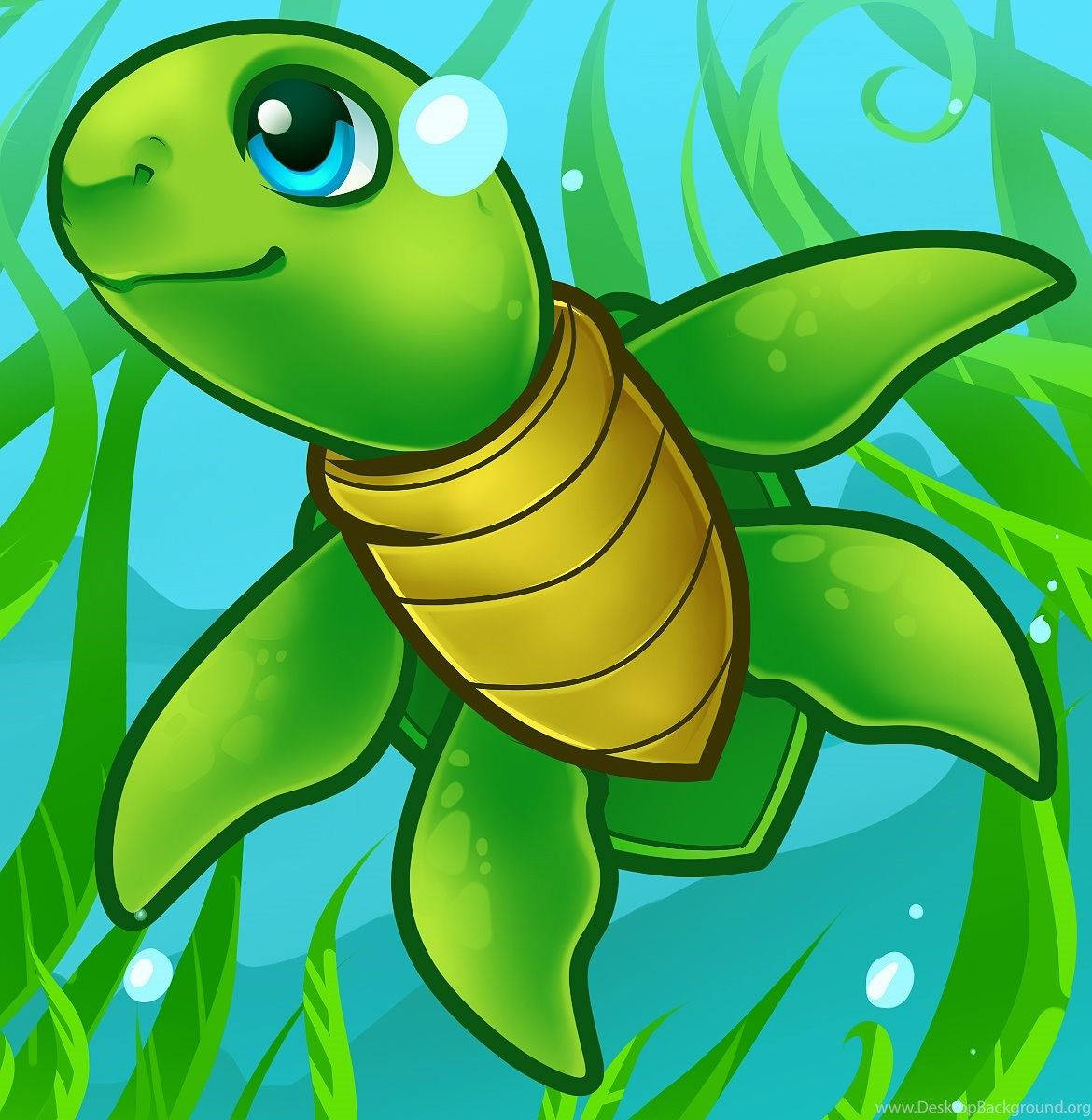 cartoon turtle, golden shell, vibrant green seaweed, SD Phone Wallpaper