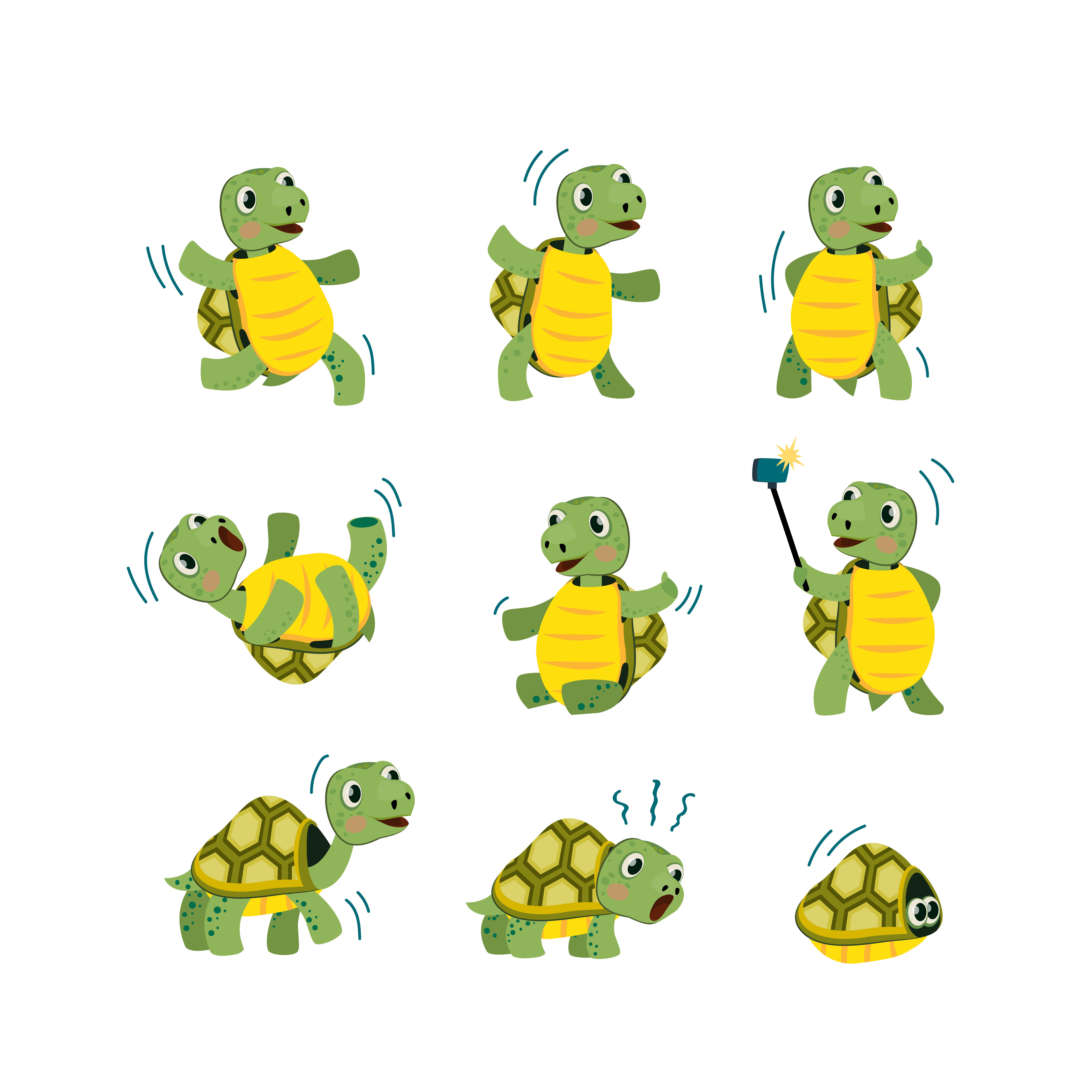nine yellow green cartoon turtles, dancing, selfie taking, 4K Desktop Wallpaper