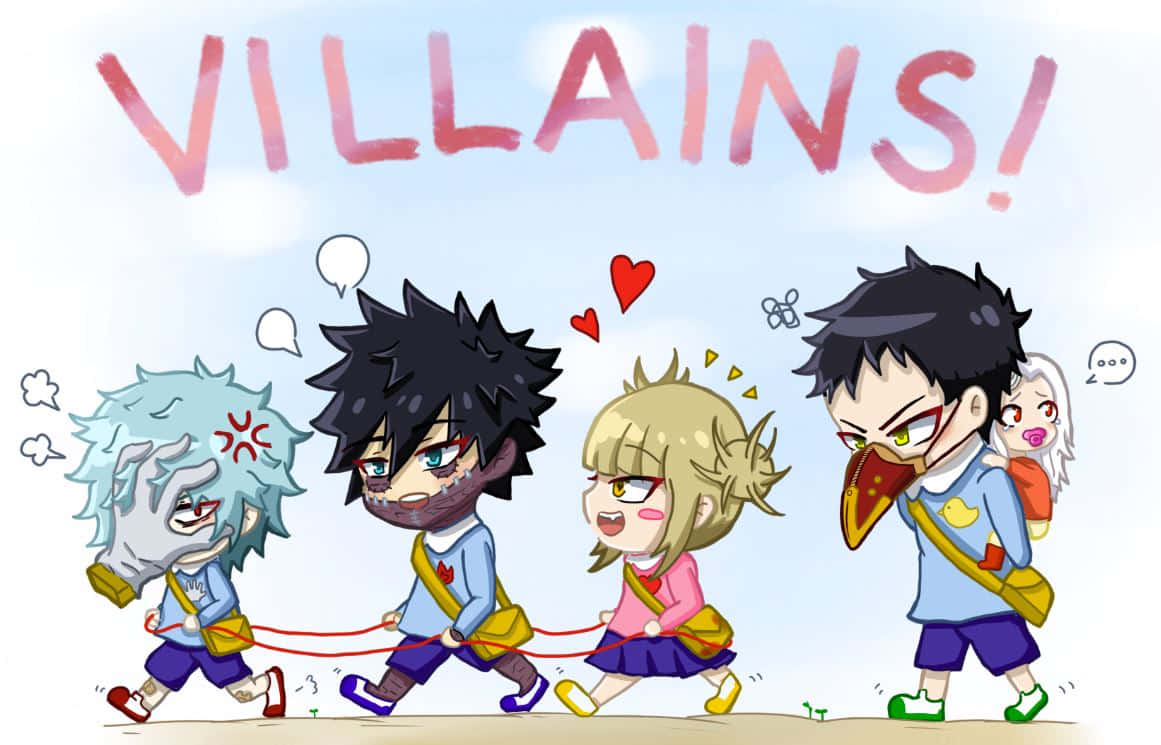 Cartoon Villains, chibi anime villains, line holding hands, SD Desktop Wallpaper