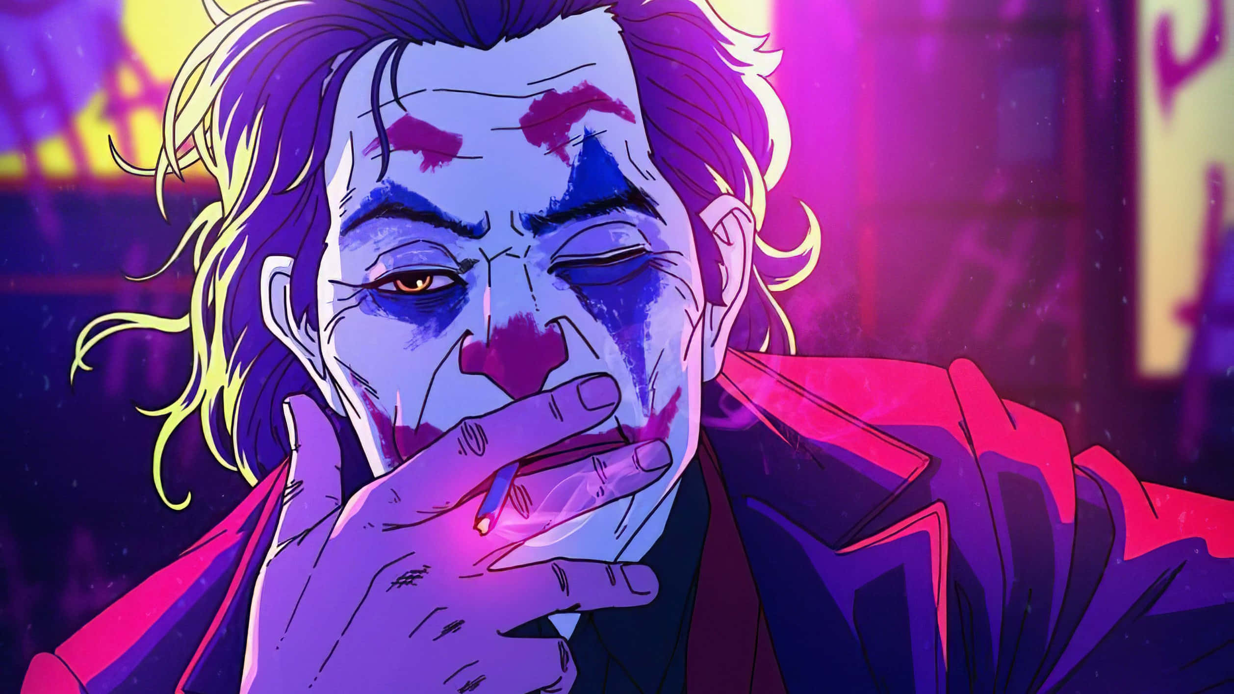 anime Joker, neon-lit urban backdrop, vibrant purple and pink hues, Full HD Desktop Wallpaper