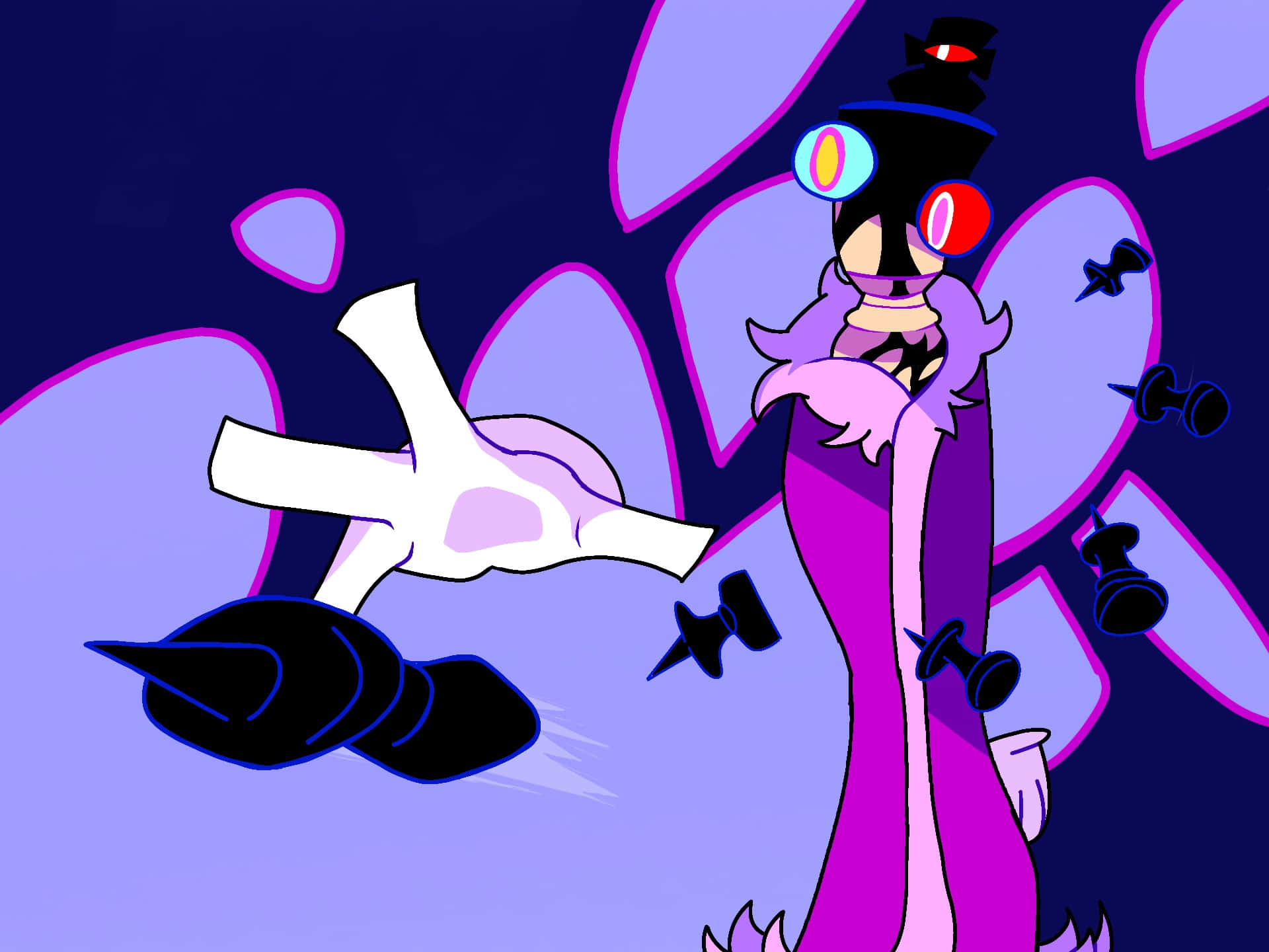 purple character, glowing eyes, top hat, Full HD Desktop Wallpaper