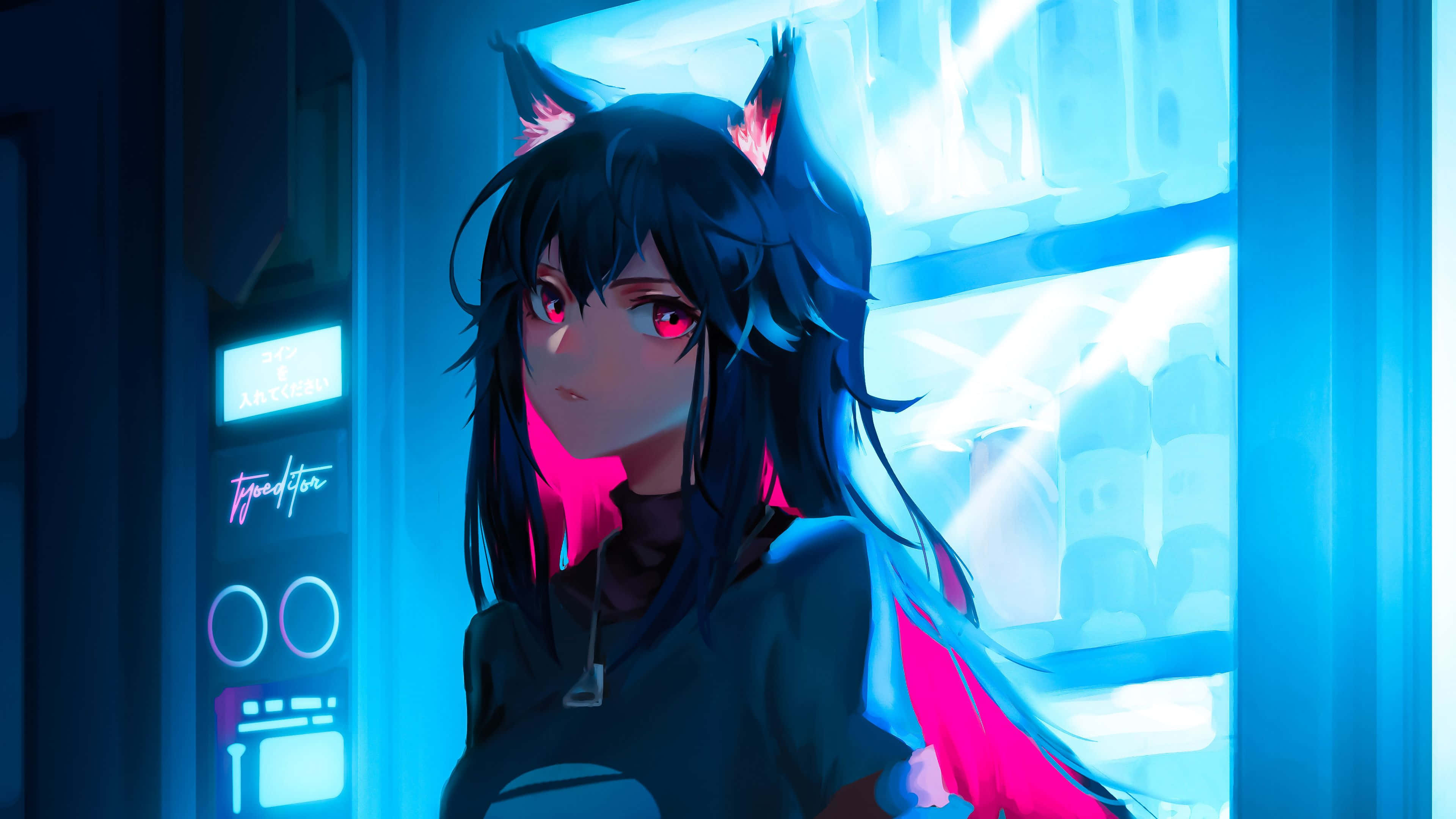 neon-lit vending machine alcove, glowing red eyes, cat ears, 4K Desktop Wallpaper