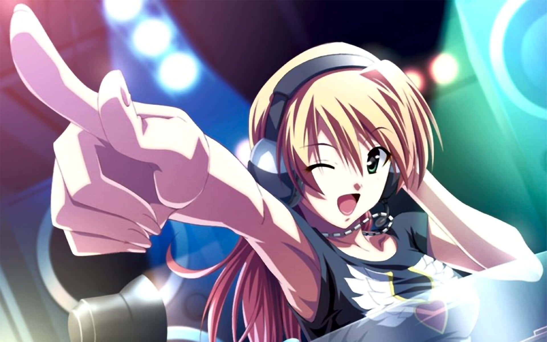 anime girl, blonde hair, headphones, Full HD Desktop Wallpaper
