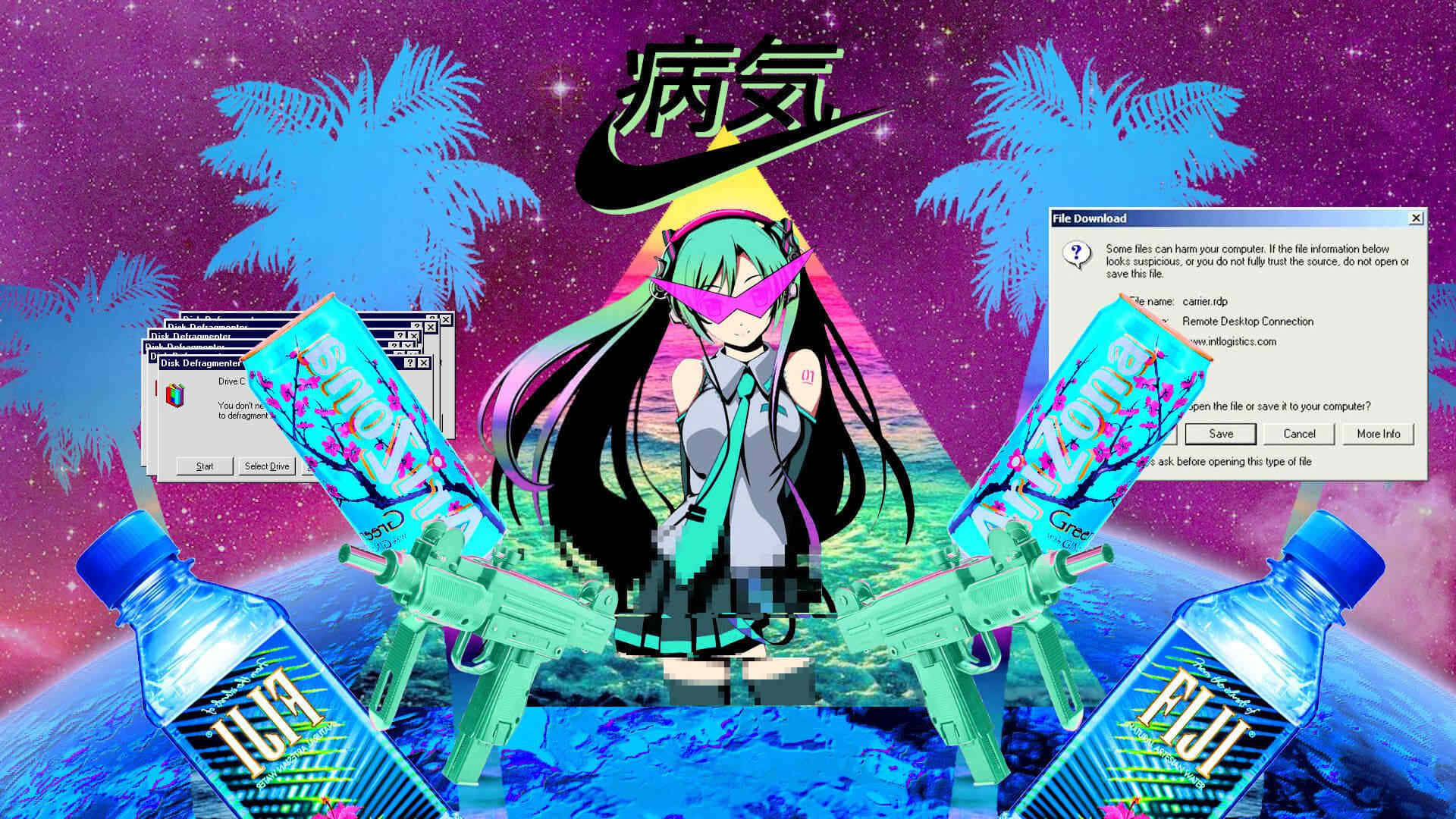 vaporwave aesthetic, anime girl, teal hair, Full HD Desktop Wallpaper