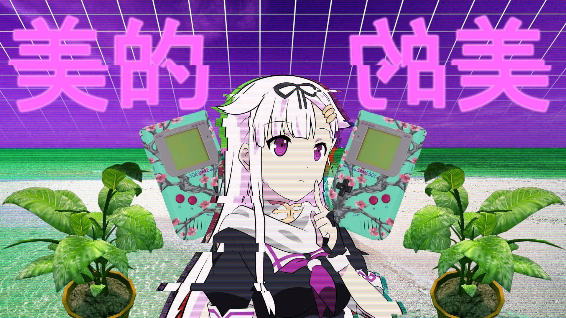 Anime girl, white hair, purple eyes, Full HD Desktop Wallpaper