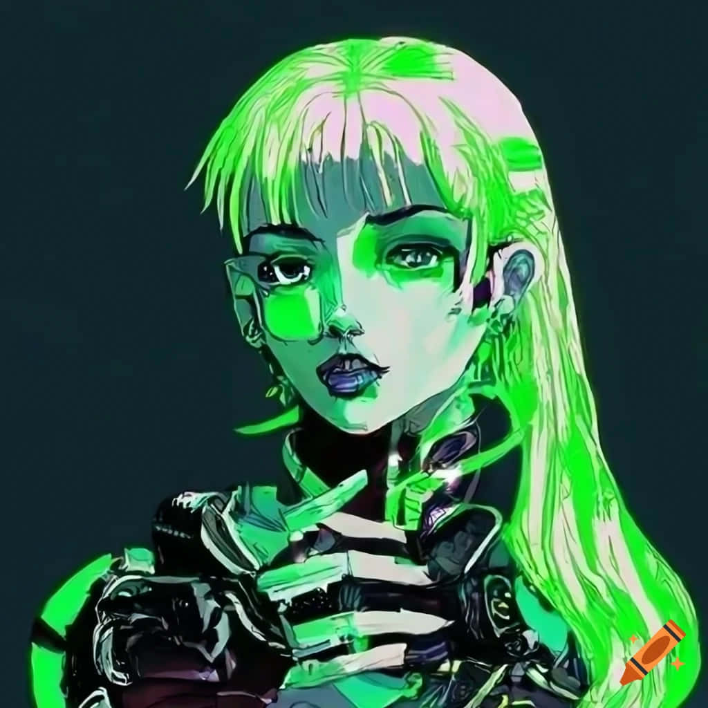 cyberpunk anime girl, glowing green hair, cybernetic arm, SD Desktop Wallpaper