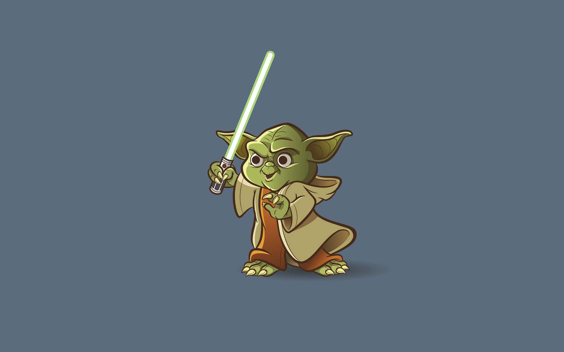 Cartoon Yoda, glowing green lightsaber, solid blue-gray background, Full HD Desktop Wallpaper