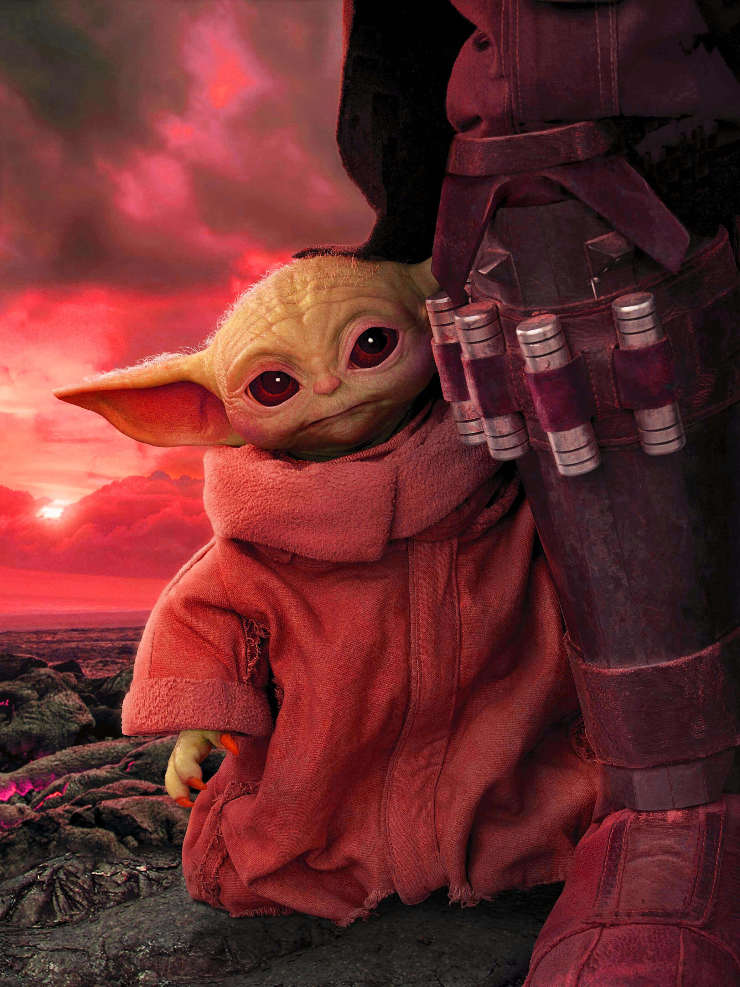 Cartoon Yoda, yellow alien child, red robe, 2K Phone Wallpaper