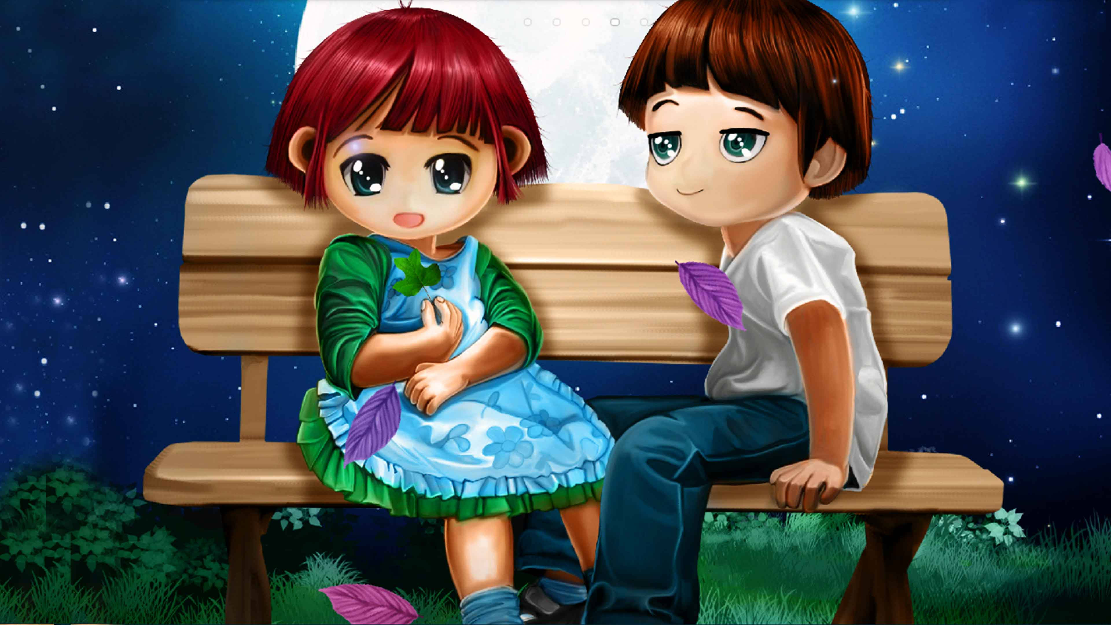 Cartoon 3D Love Couple, anime-style children, wooden bench, 4K Desktop Wallpaper
