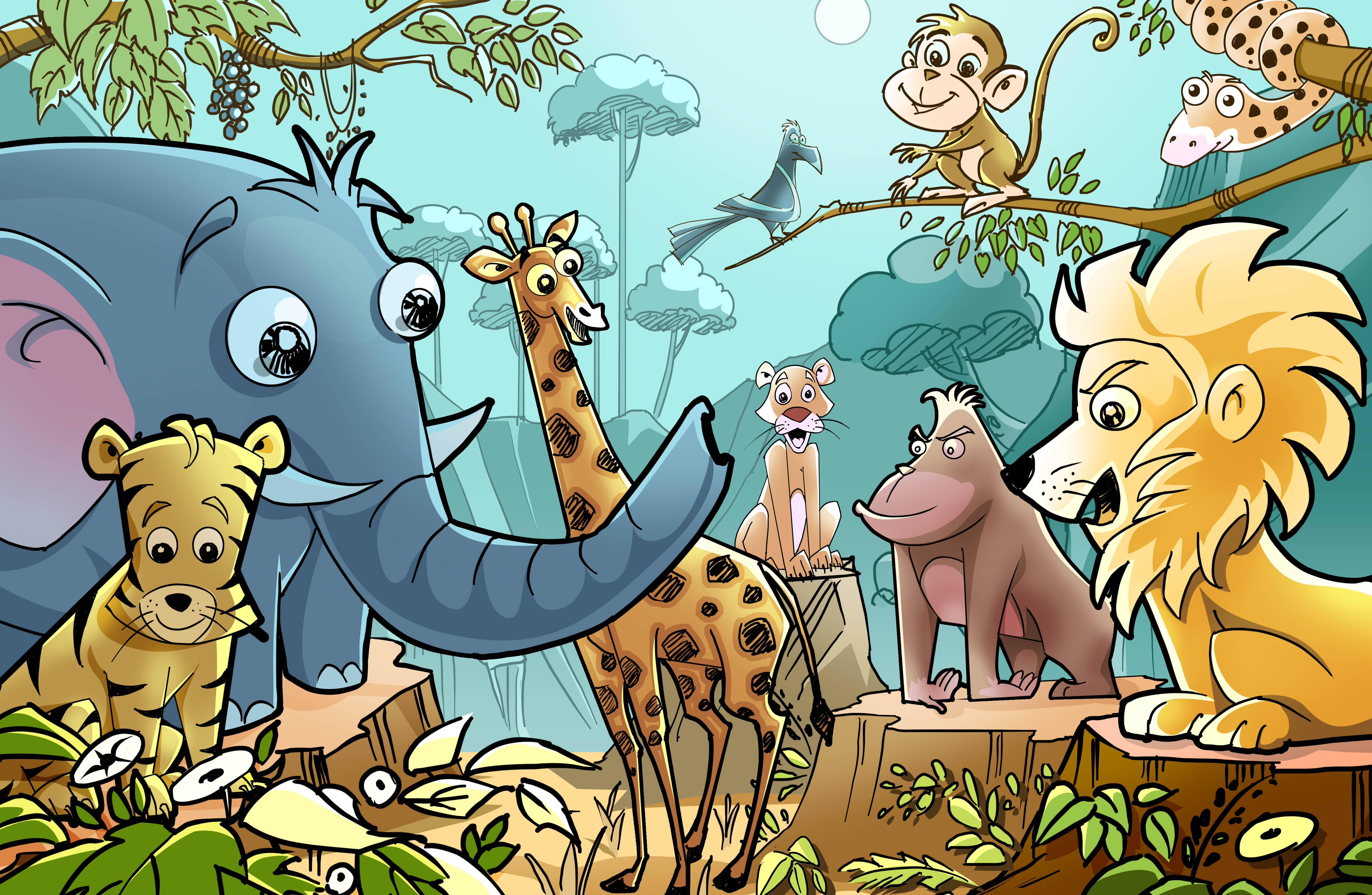 blue elephant, giraffe, lion, 5K Desktop Wallpaper