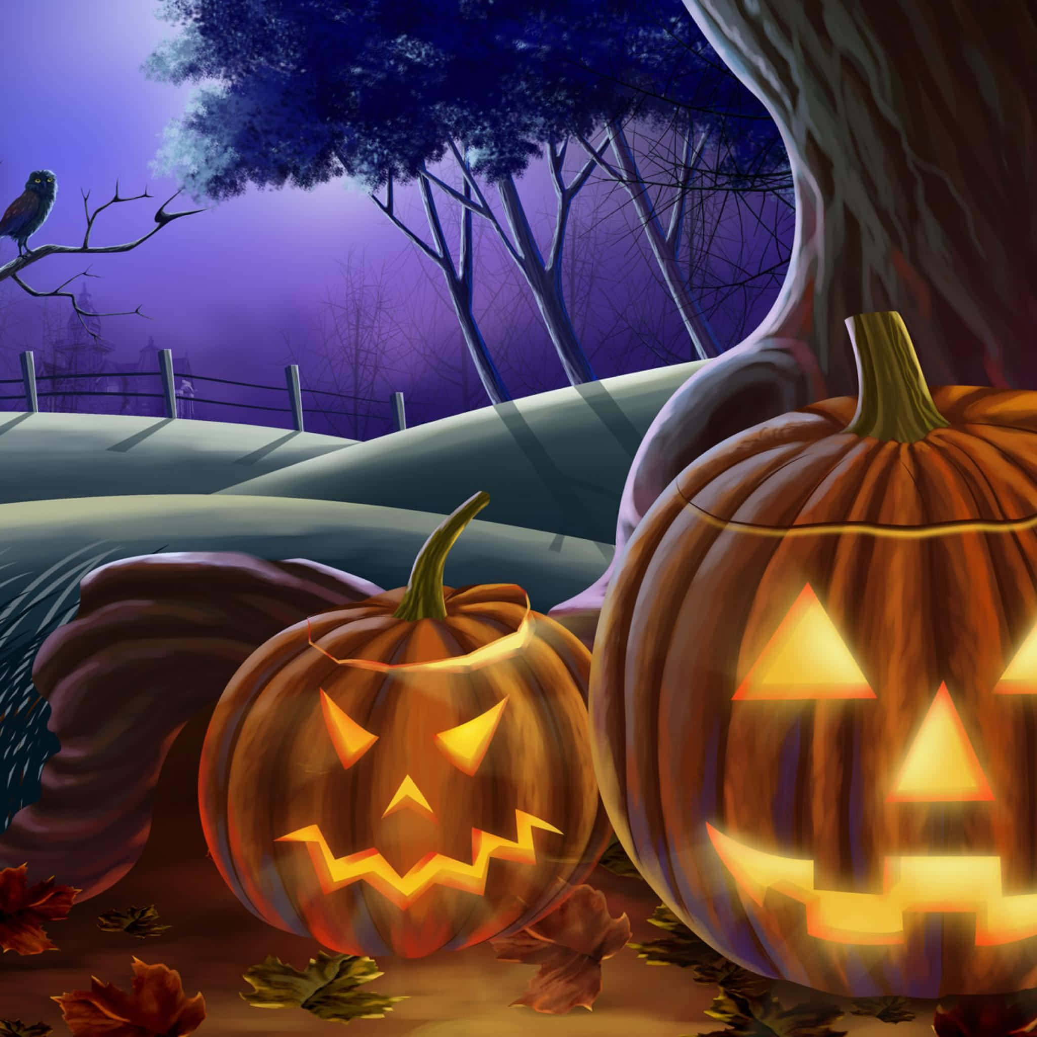 carved pumpkin, glowing jack-o'-lanterns, purple twilight sky, Full HD Desktop Wallpaper