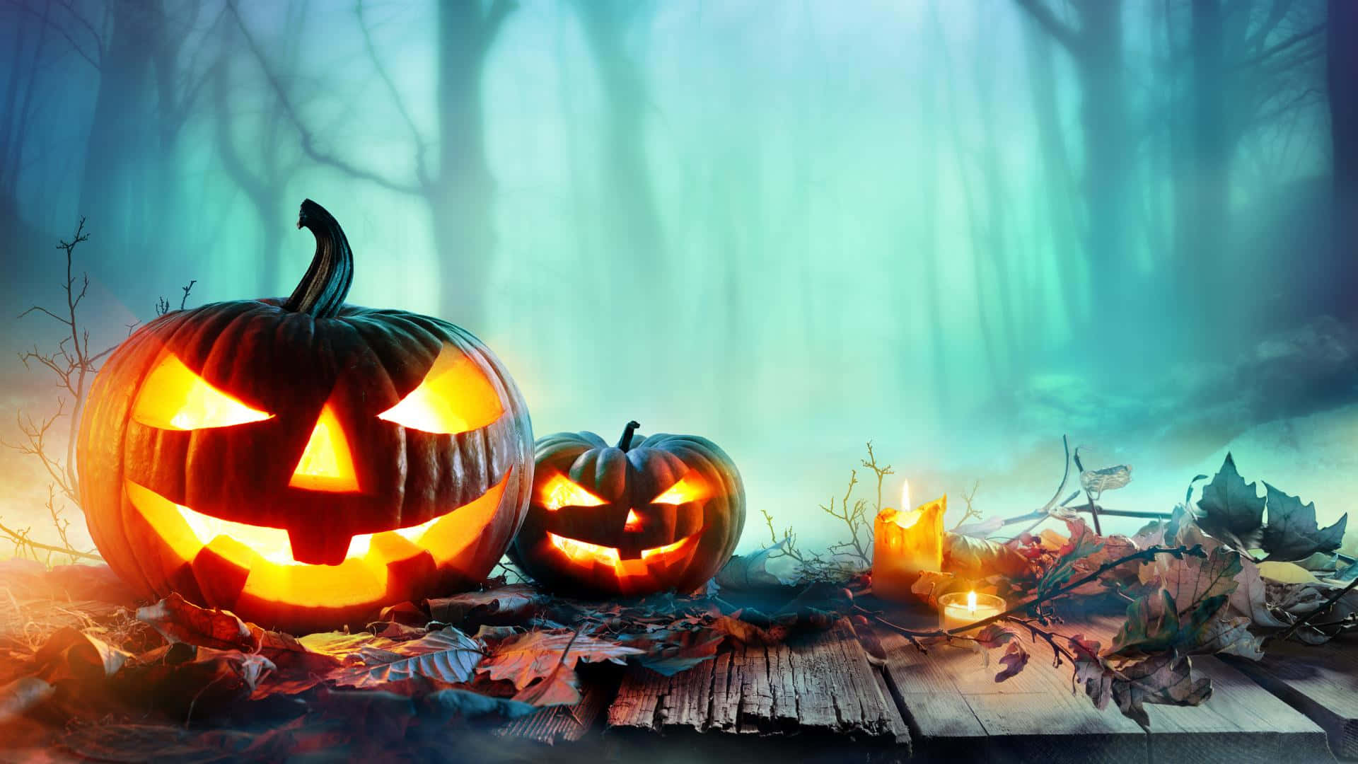 Carved Pumpkin, foggy forest, dusk, Full HD Desktop Wallpaper