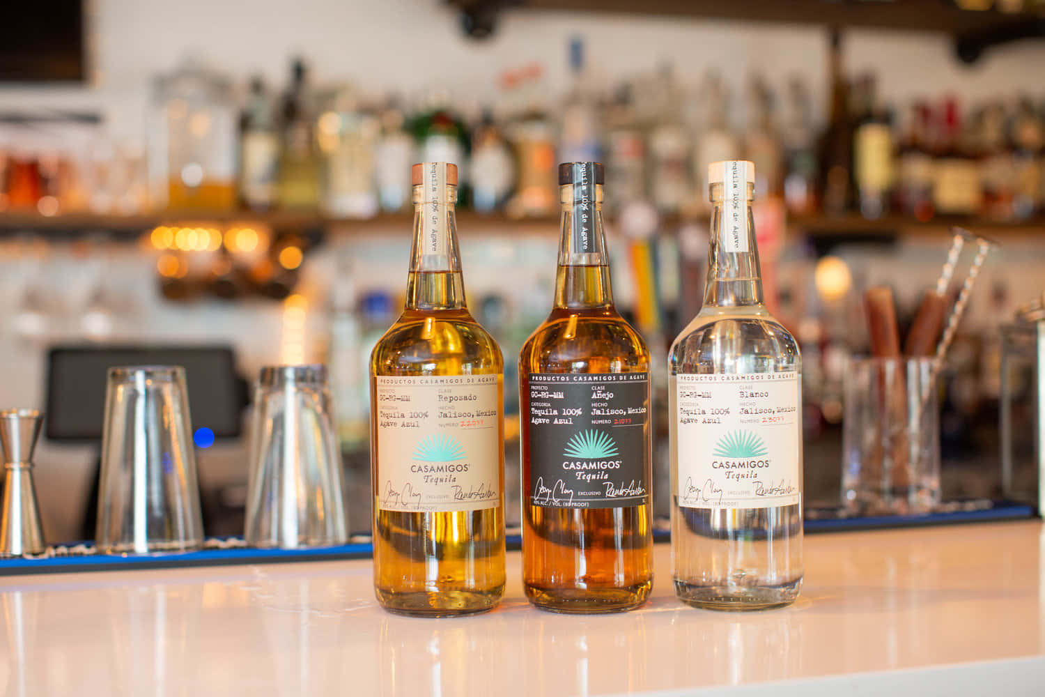 Casamigos Tequila, bar counter, three bottles, HD Desktop Wallpaper