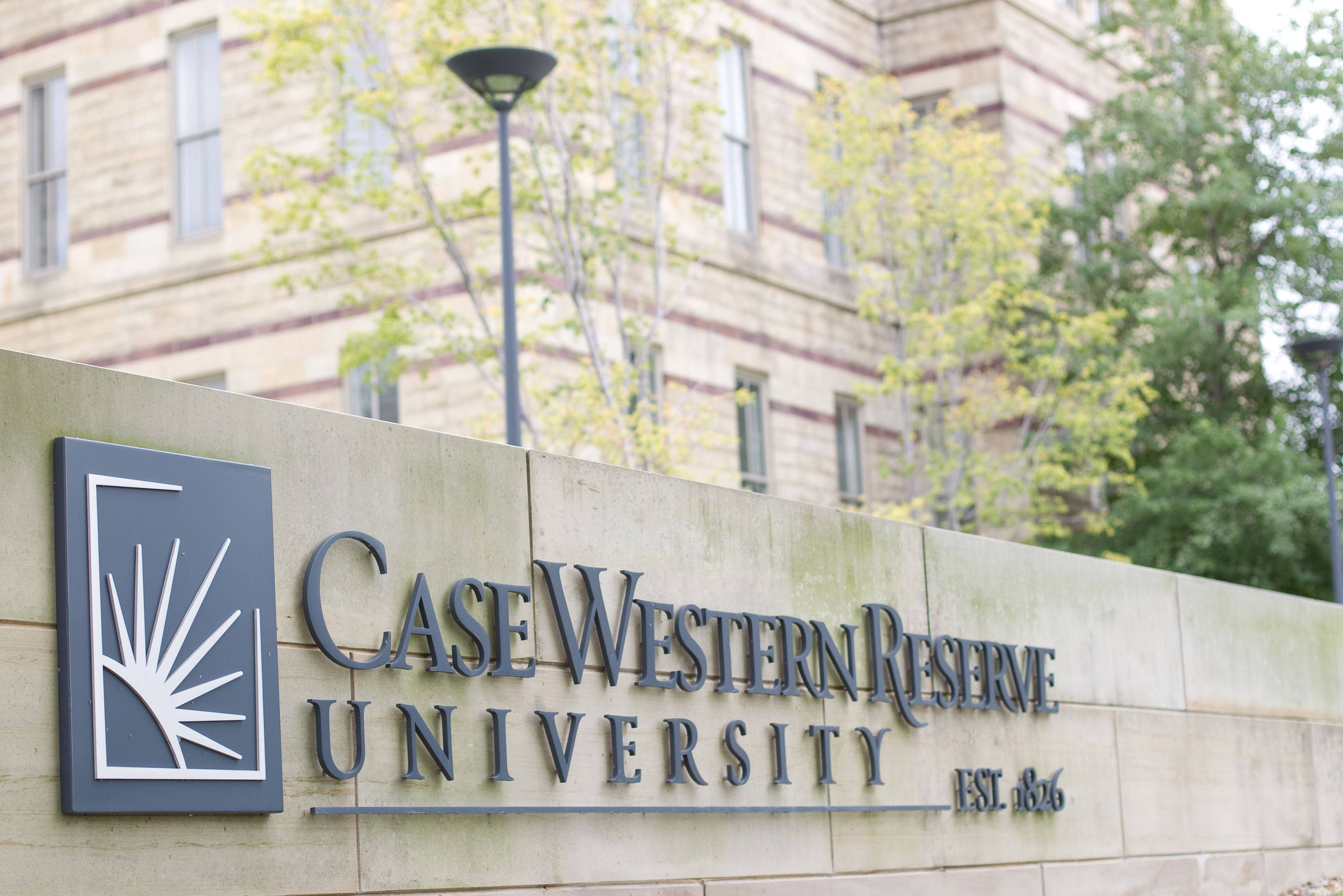 Case Western Reserve University, sign, stone wall, 2K Desktop Wallpaper